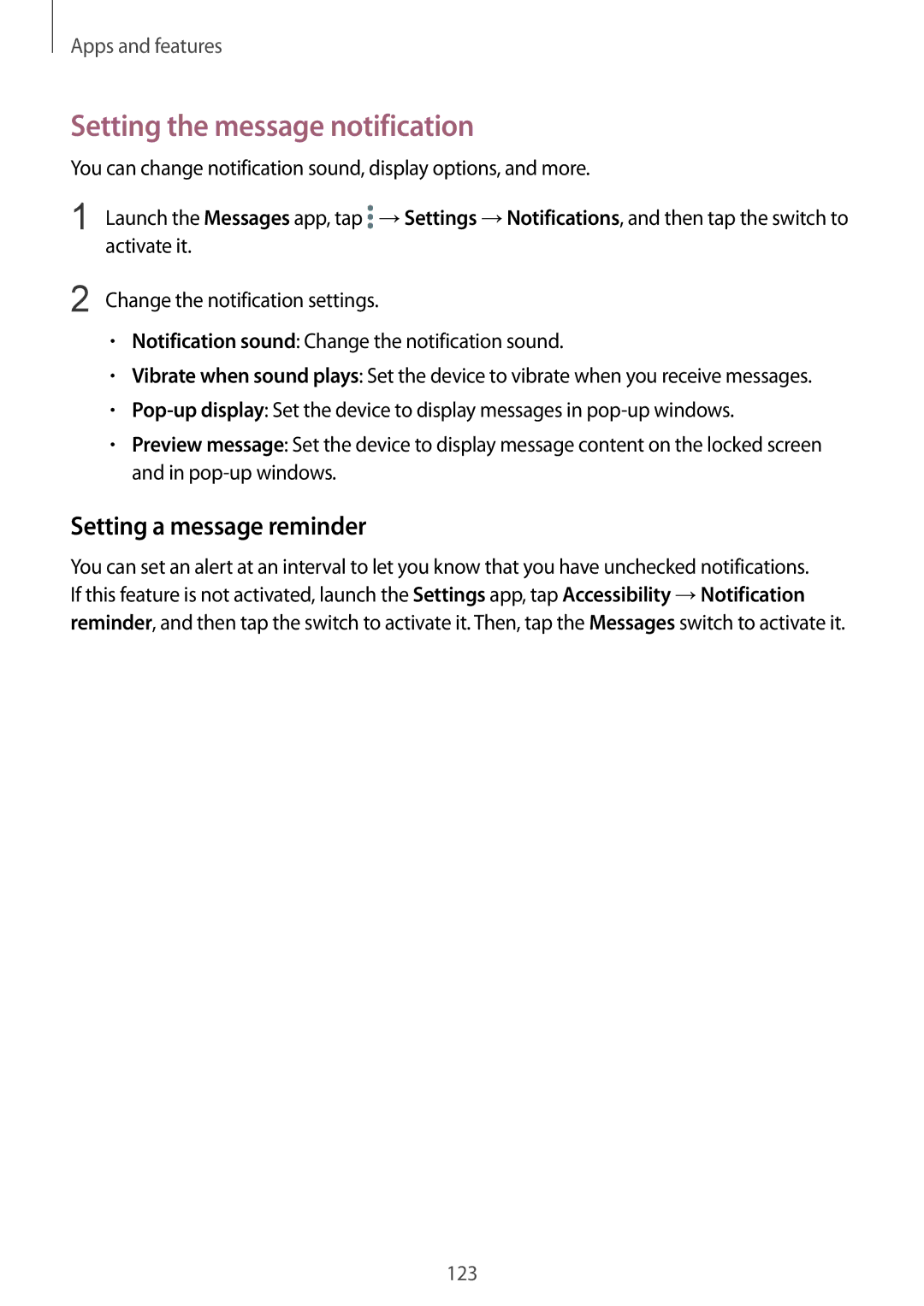 Samsung SM-N950FZDDSEB, SM-N950FZDADBT, SM-N950FZKADBT manual Setting the message notification, Setting a message reminder 