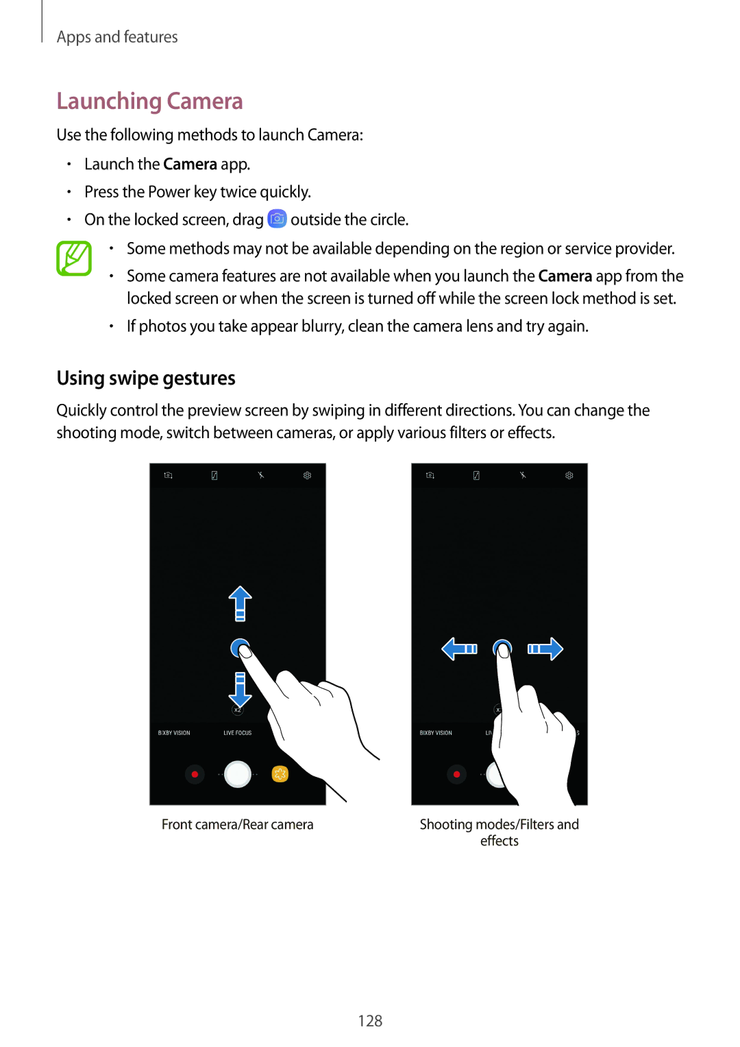 Samsung SM-N950FZKACYV, SM-N950FZDADBT, SM-N950FZKADBT, SM-N950FZBDDBT, SM-N950FZDDDBT Launching Camera, Using swipe gestures 