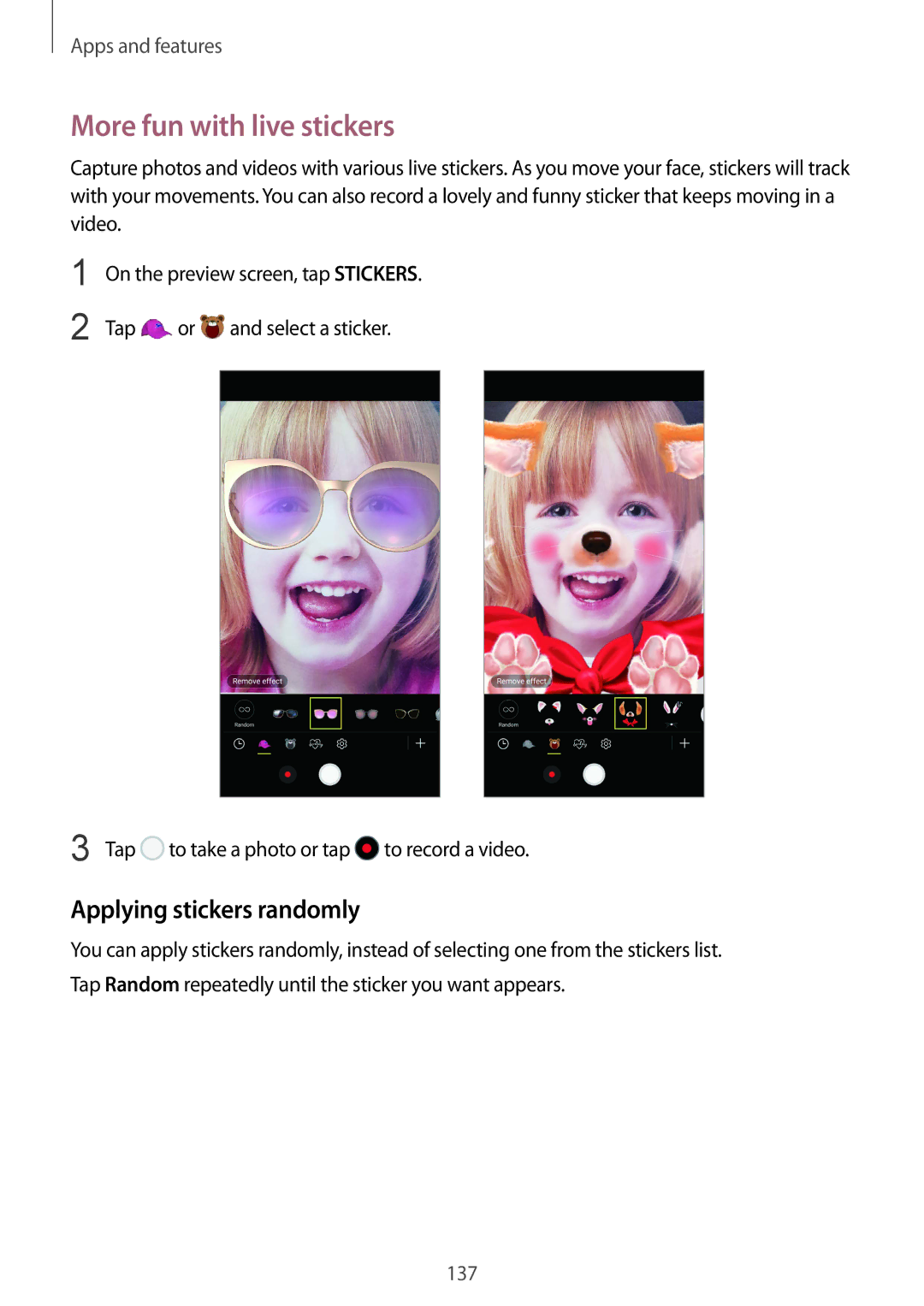 Samsung SM-N950FZKATMH, SM-N950FZDADBT, SM-N950FZKADBT manual More fun with live stickers, Applying stickers randomly 