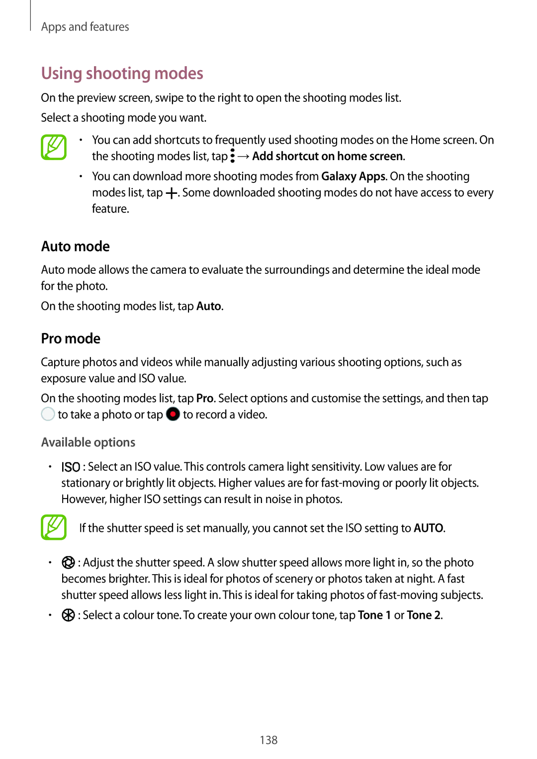 Samsung SM-N950FZDDXEH, SM-N950FZDADBT, SM-N950FZKADBT manual Using shooting modes, Auto mode, Pro mode, Available options 