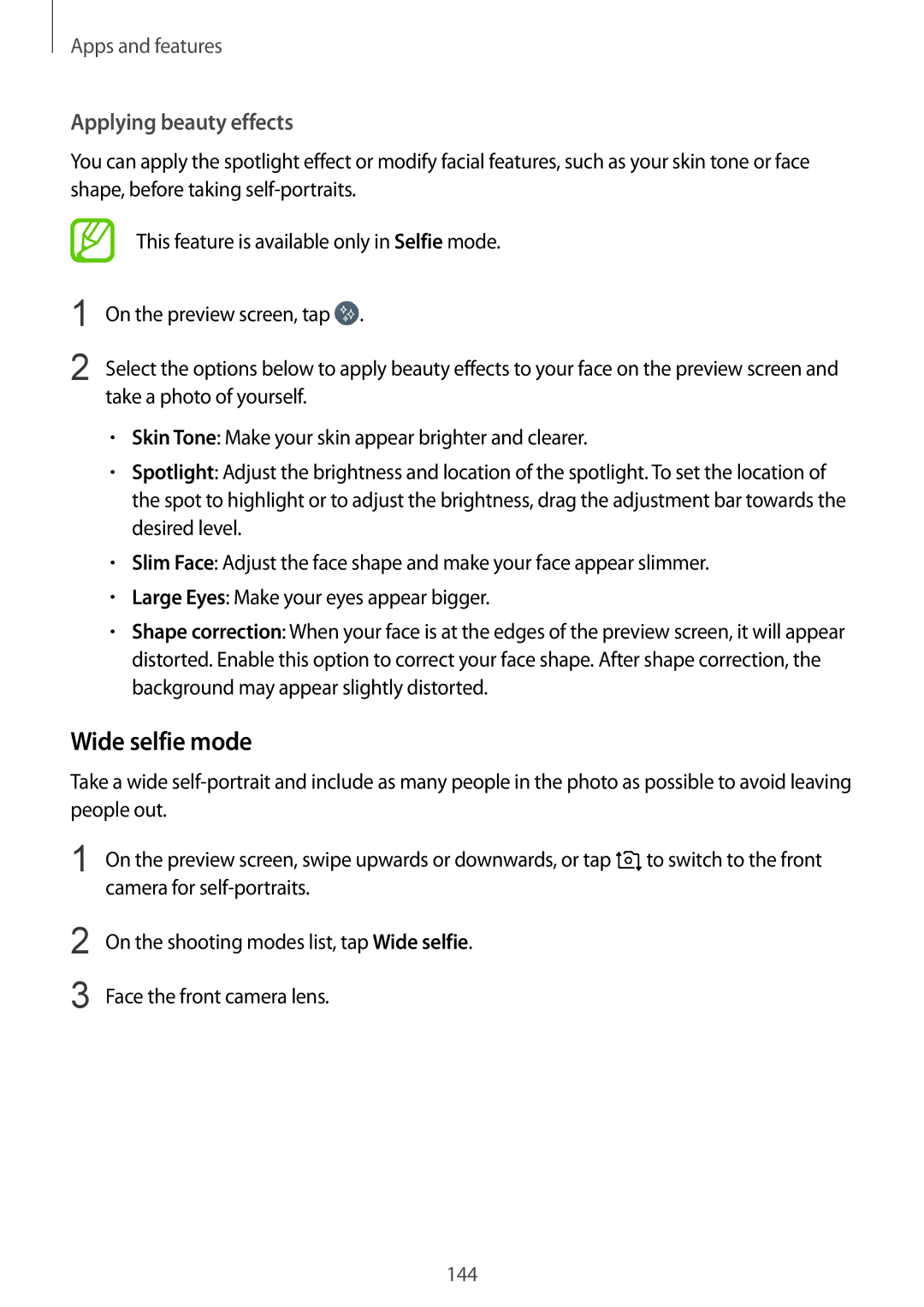 Samsung SM-N950FZBDDBT, SM-N950FZDADBT, SM-N950FZKADBT, SM-N950FZDDDBT manual Wide selfie mode, Applying beauty effects 