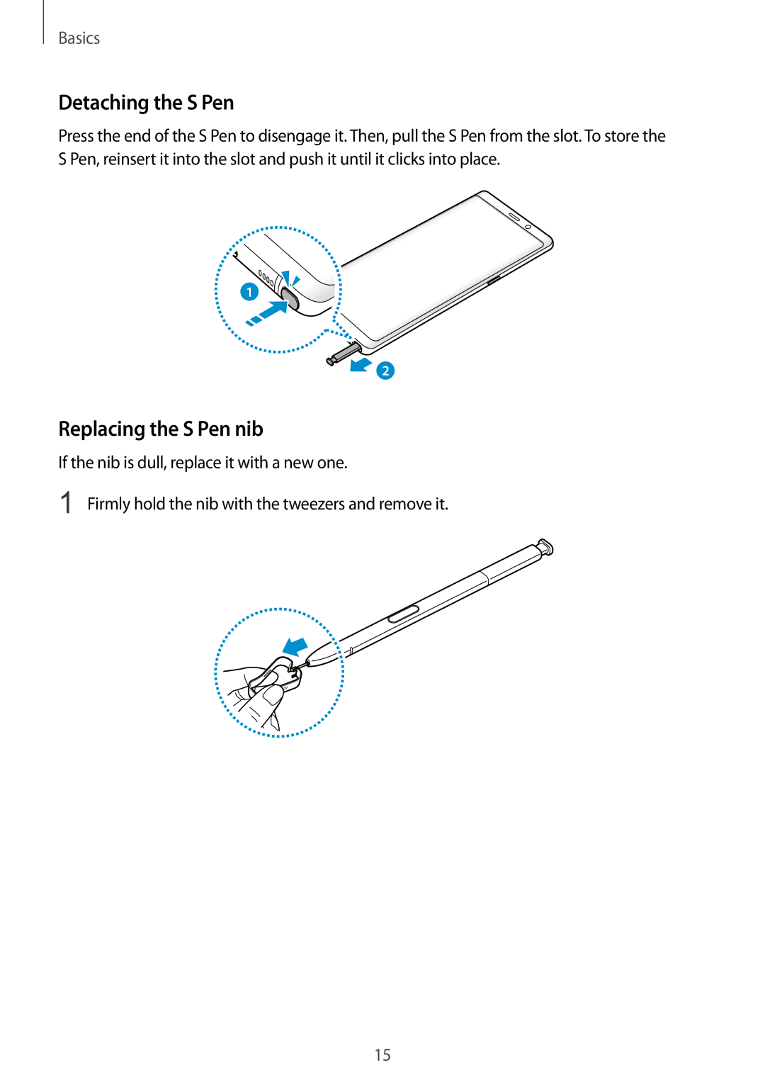 Samsung SM-N950FZKATIM, SM-N950FZDADBT, SM-N950FZKADBT, SM-N950FZBDDBT manual Detaching the S Pen, Replacing the S Pen nib 