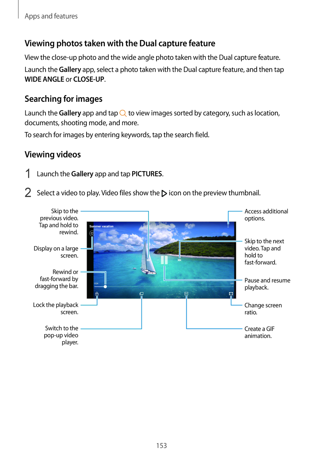 Samsung SM-N950FZDATUR manual Viewing photos taken with the Dual capture feature, Searching for images, Viewing videos 
