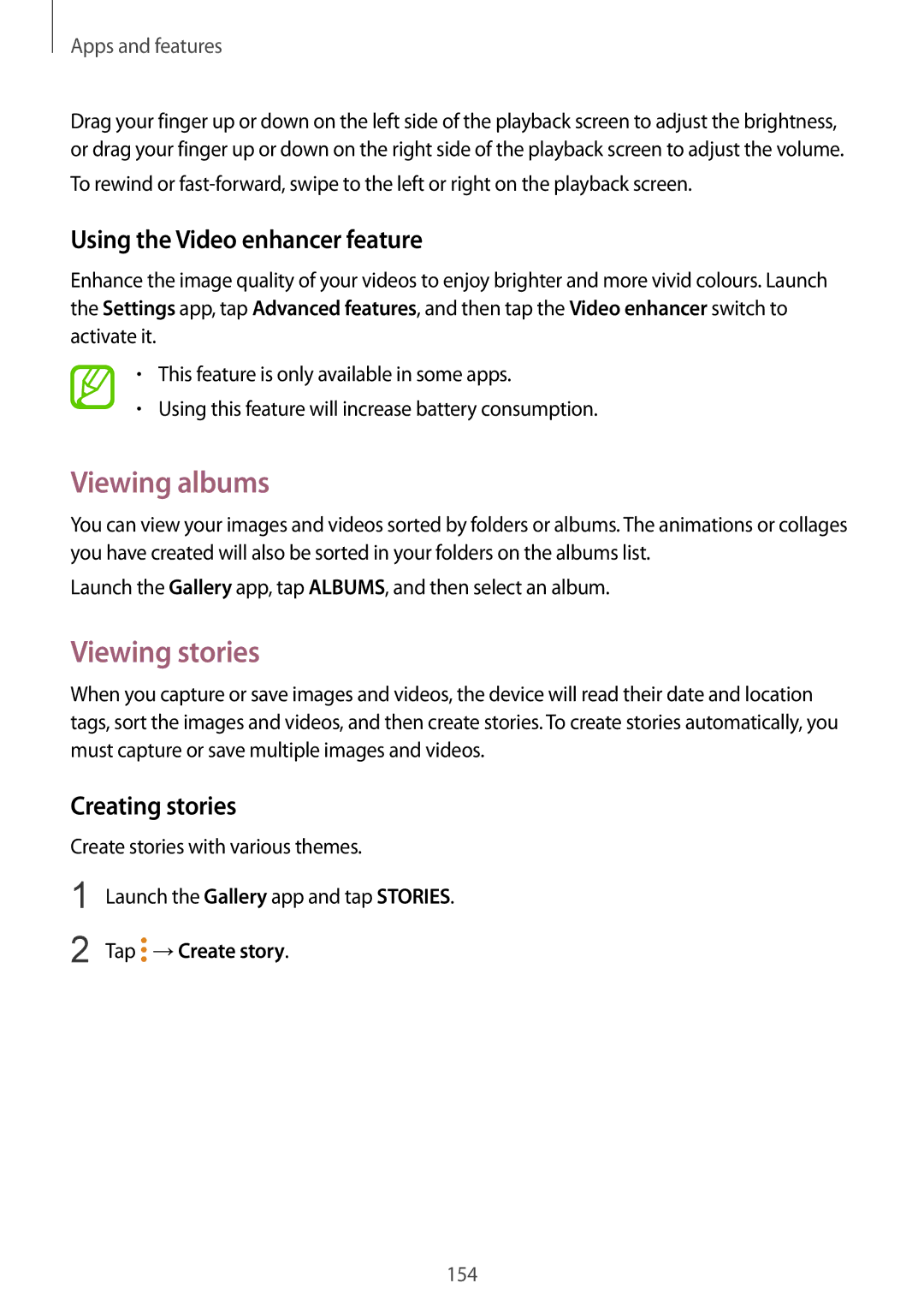 Samsung SM-N950FZKATUR, SM-N950FZDADBT Viewing albums, Viewing stories, Using the Video enhancer feature, Creating stories 