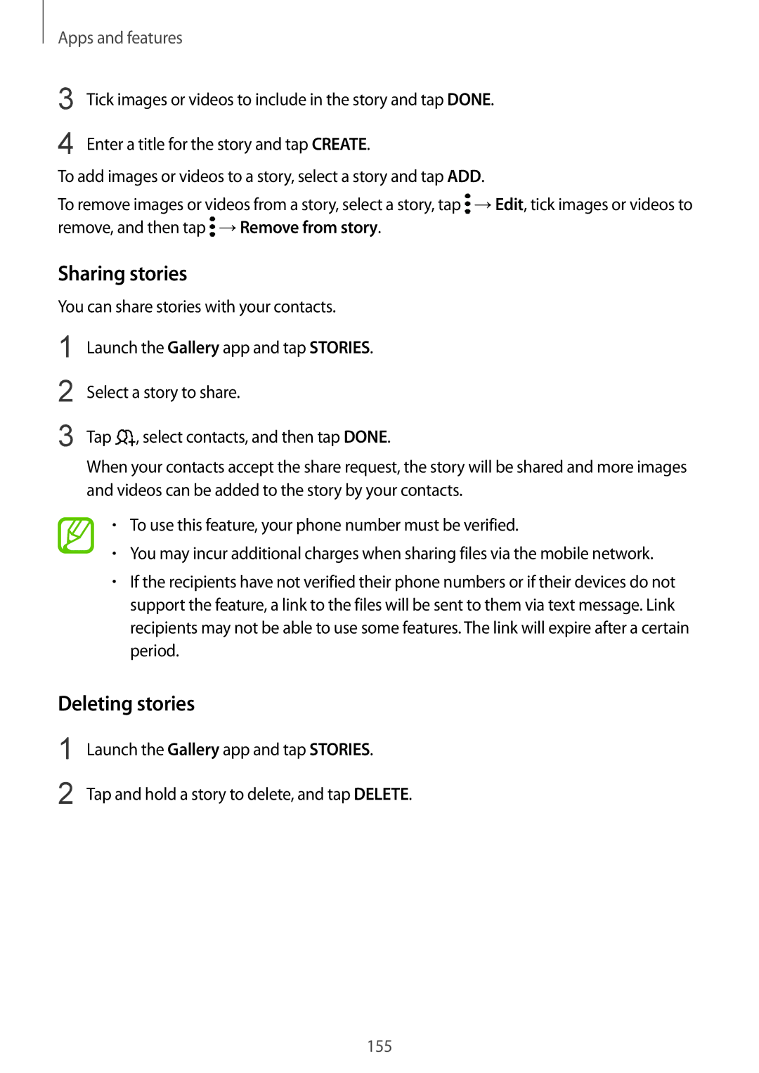 Samsung SM-N950FZKAHUI, SM-N950FZDADBT, SM-N950FZKADBT, SM-N950FZBDDBT, SM-N950FZDDDBT manual Sharing stories, Deleting stories 