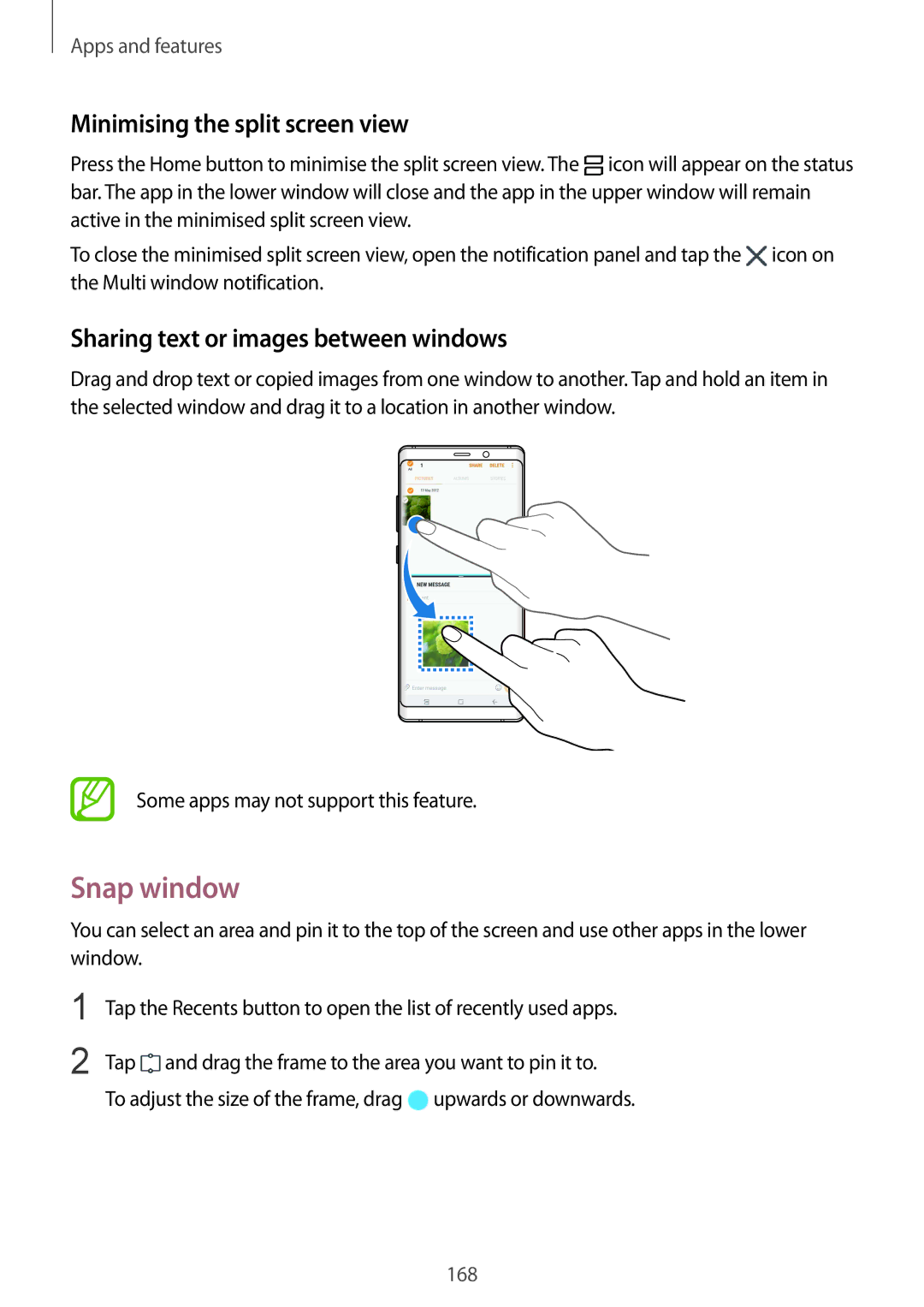 Samsung SM-N950FZKAPHE manual Snap window, Minimising the split screen view, Sharing text or images between windows 