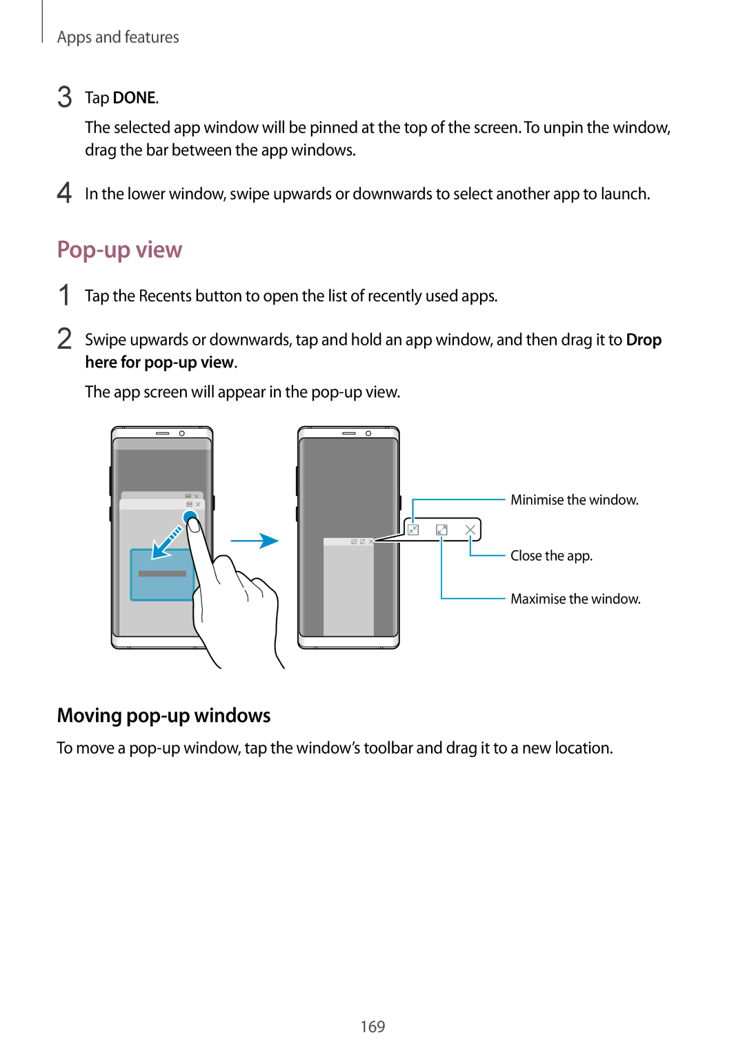 Samsung SM-N950FZDAPHE Pop-up view, Moving pop-up windows, Drag the bar between the app windows, Here for pop-up view 