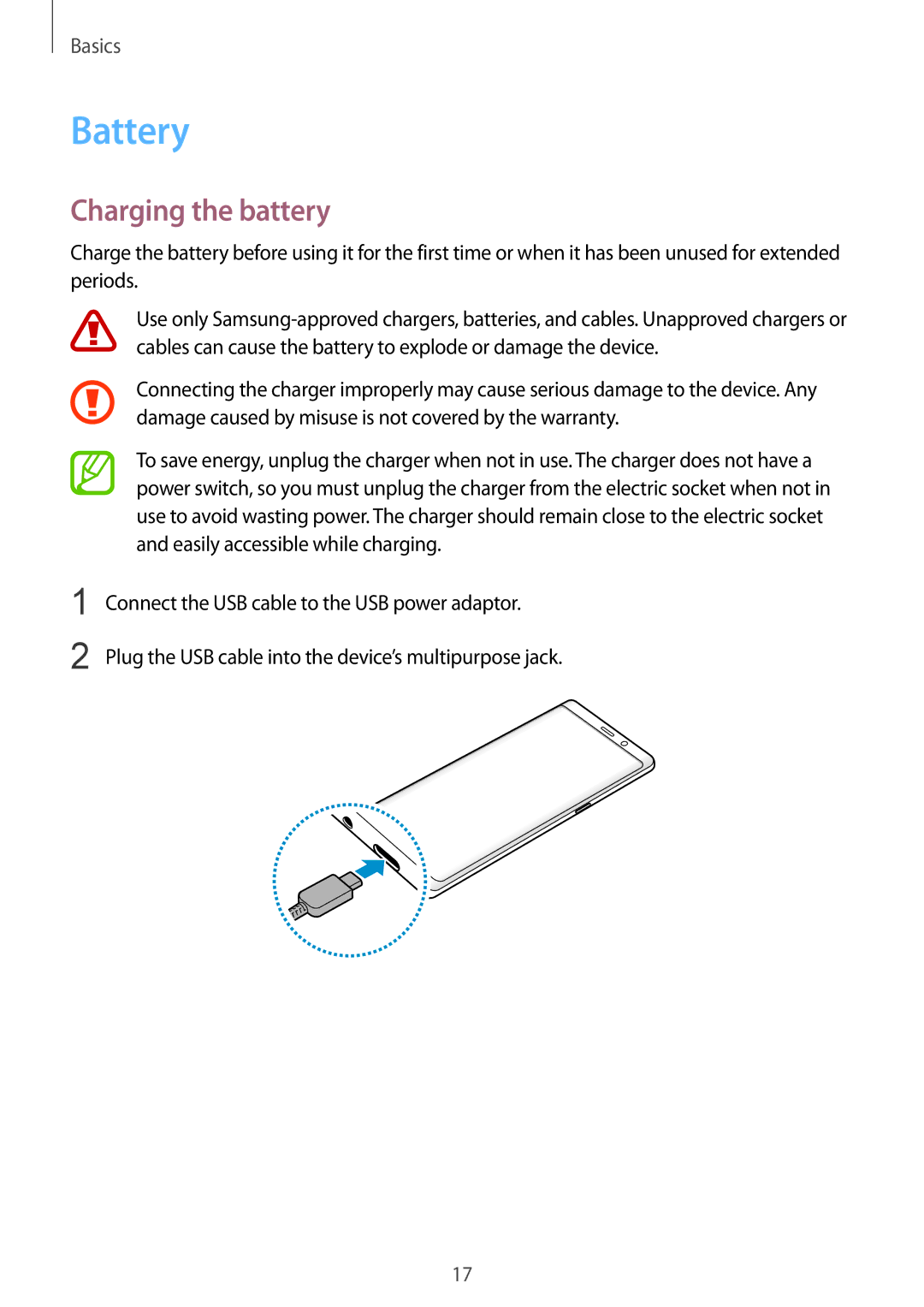 Samsung SM-N950FZDATIM, SM-N950FZDADBT, SM-N950FZKADBT, SM-N950FZBDDBT, SM-N950FZDDDBT manual Battery, Charging the battery 