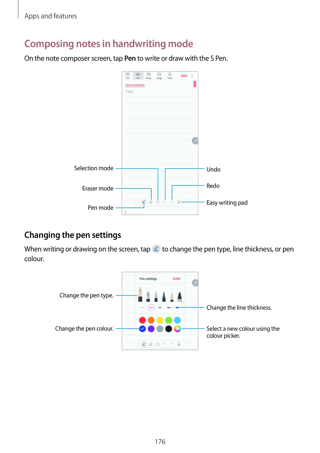 Samsung SM-N950FZKDBGL, SM-N950FZDADBT, SM-N950FZKADBT manual Composing notes in handwriting mode, Changing the pen settings 