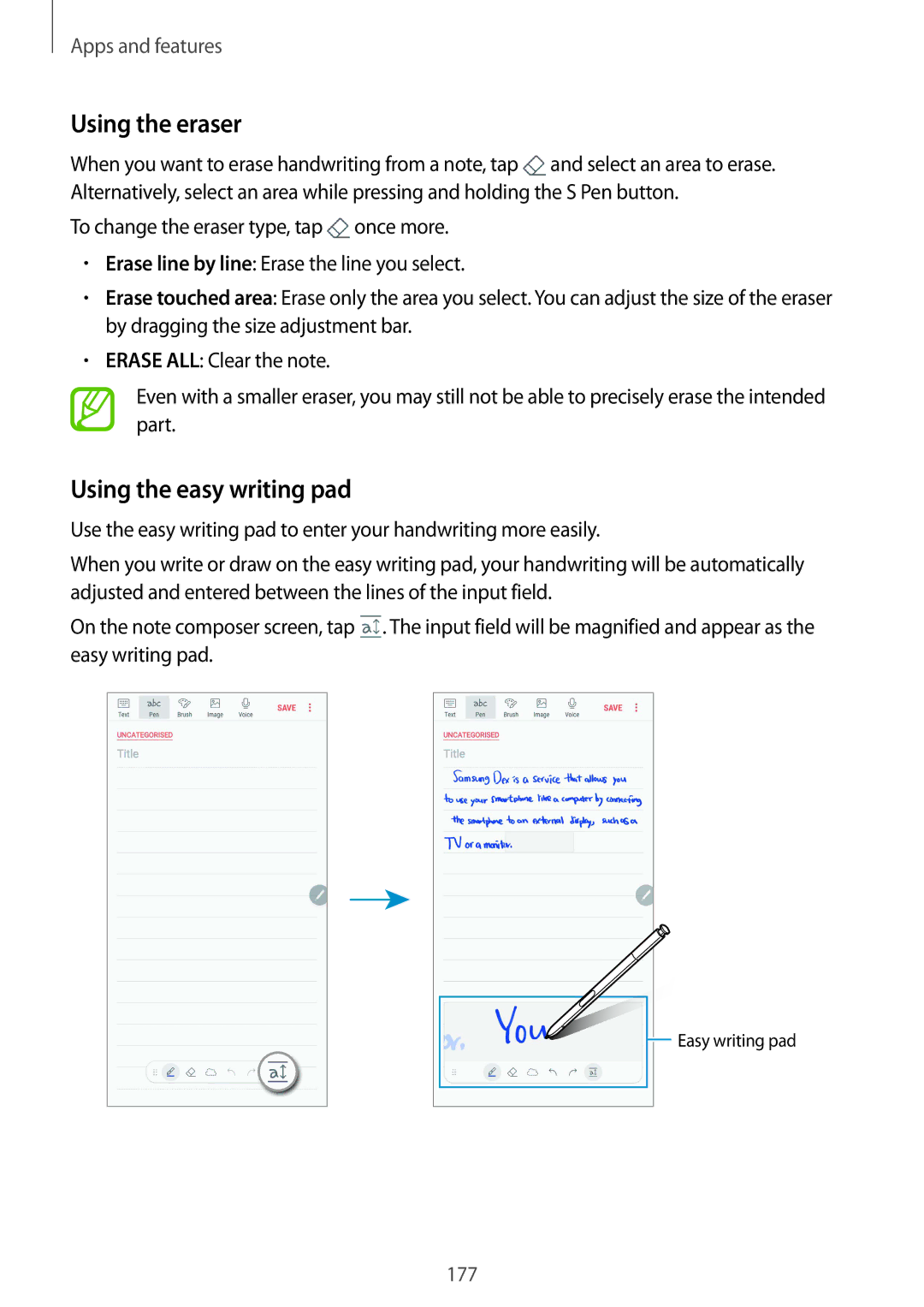 Samsung SM-N950FZDDBGL, SM-N950FZDADBT, SM-N950FZKADBT, SM-N950FZBDDBT manual Using the eraser, Using the easy writing pad 