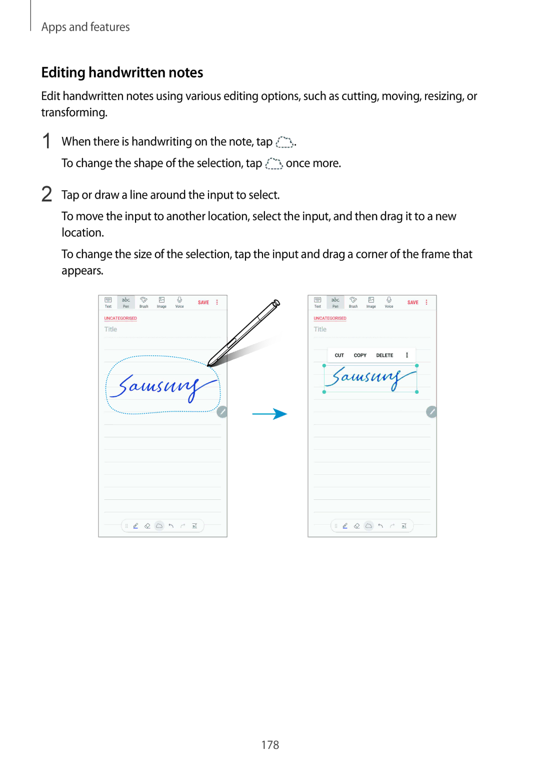 Samsung SM-N950FZKACRO, SM-N950FZDADBT, SM-N950FZKADBT, SM-N950FZBDDBT, SM-N950FZDDDBT manual Editing handwritten notes 