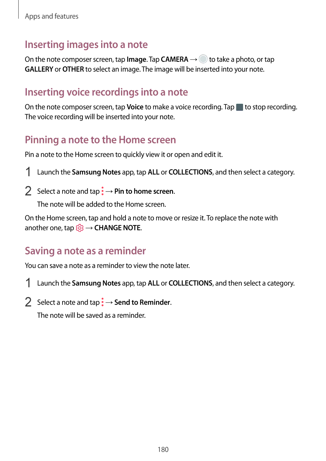 Samsung SM-N950FZDASEE Inserting images into a note, Inserting voice recordings into a note, Saving a note as a reminder 