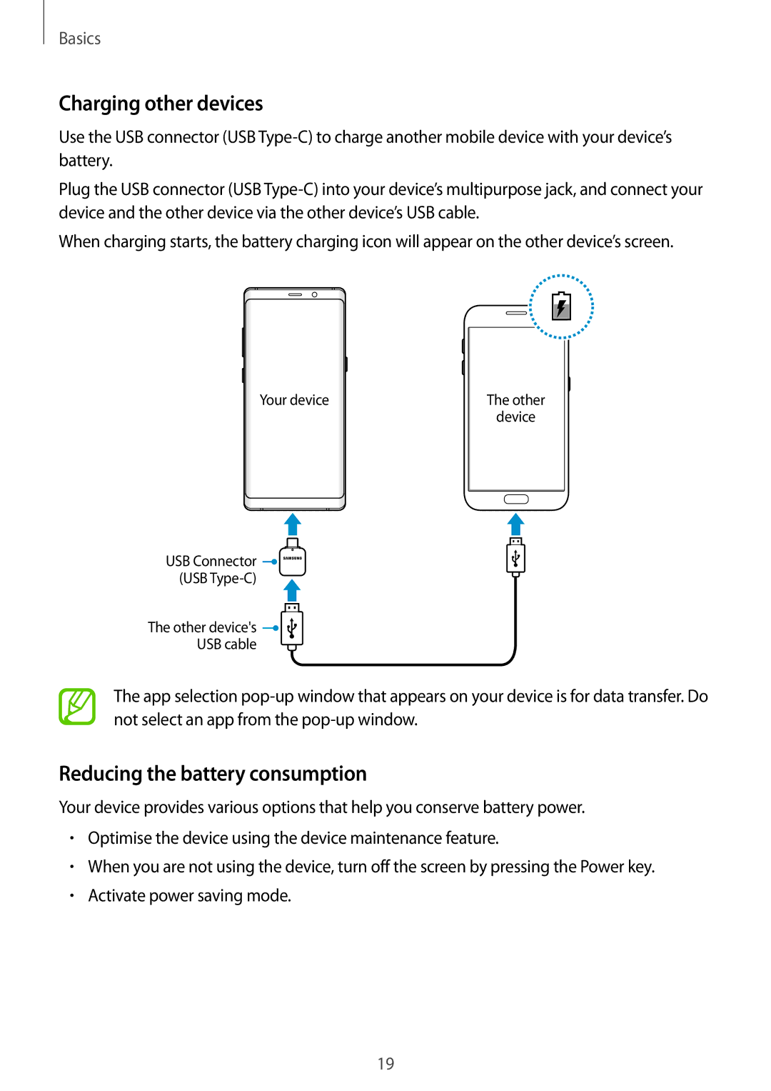 Samsung SM-N950FZVATUR, SM-N950FZDADBT, SM-N950FZKADBT manual Charging other devices, Reducing the battery consumption 