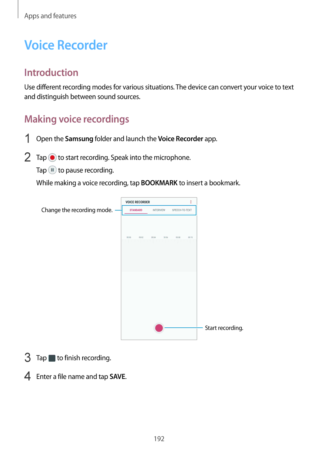 Samsung SM-N950FZKATEN Voice Recorder, Making voice recordings, Tap to finish recording Enter a file name and tap Save 