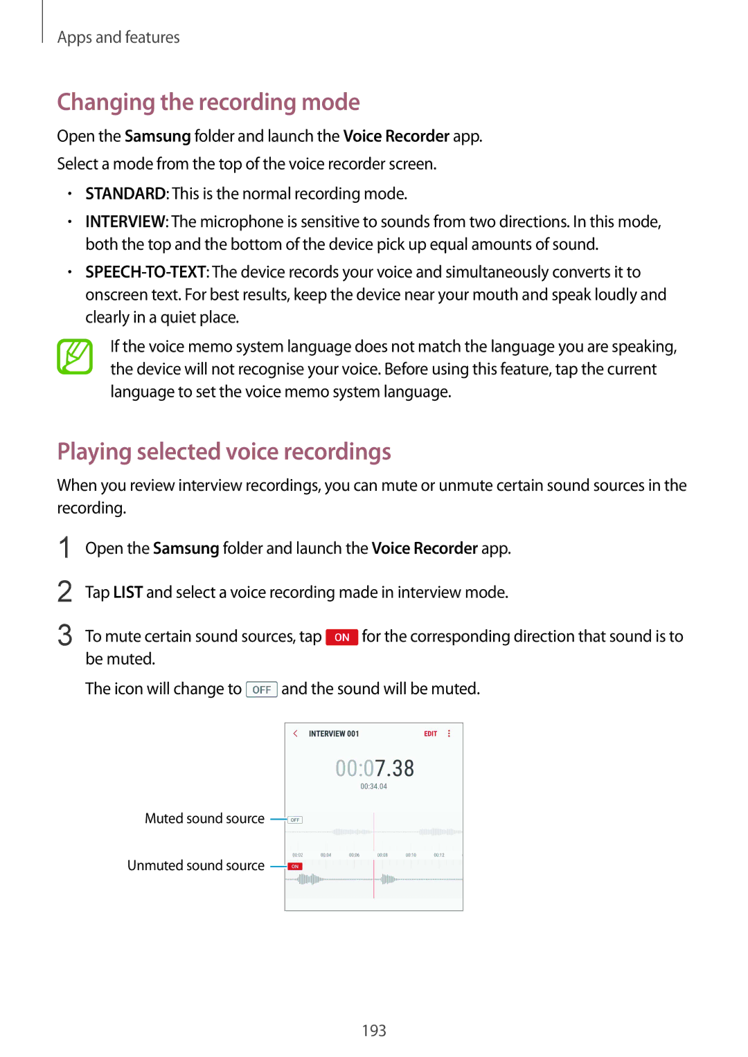 Samsung SM-N950FZKDSEB, SM-N950FZDADBT, SM-N950FZKADBT manual Changing the recording mode, Playing selected voice recordings 