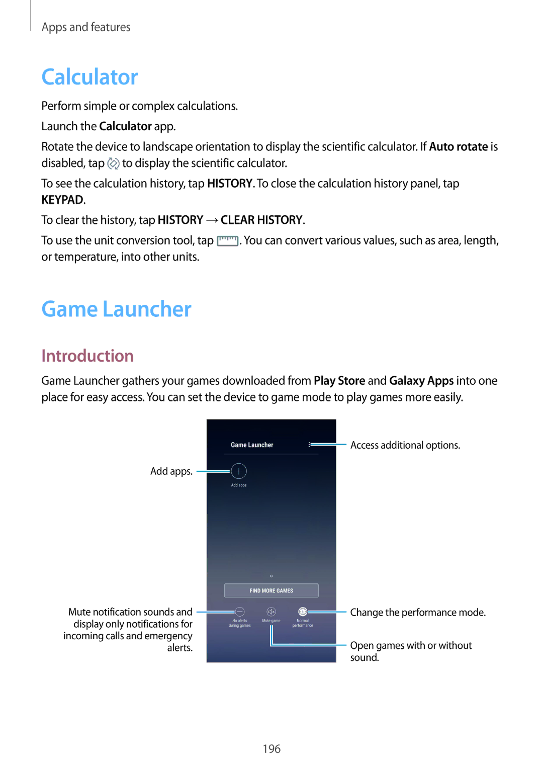 Samsung SM-N950FZDDEUR, SM-N950FZDADBT, SM-N950FZKADBT, SM-N950FZBDDBT, SM-N950FZDDDBT manual Calculator, Game Launcher 