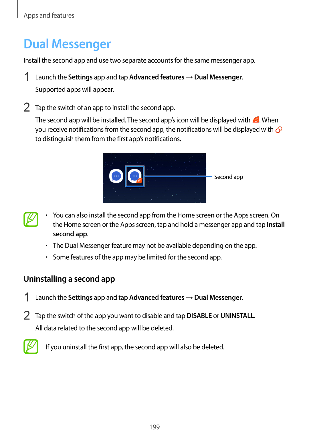 Samsung SM-N950FZKACYV, SM-N950FZDADBT, SM-N950FZKADBT, SM-N950FZBDDBT manual Dual Messenger, Uninstalling a second app 