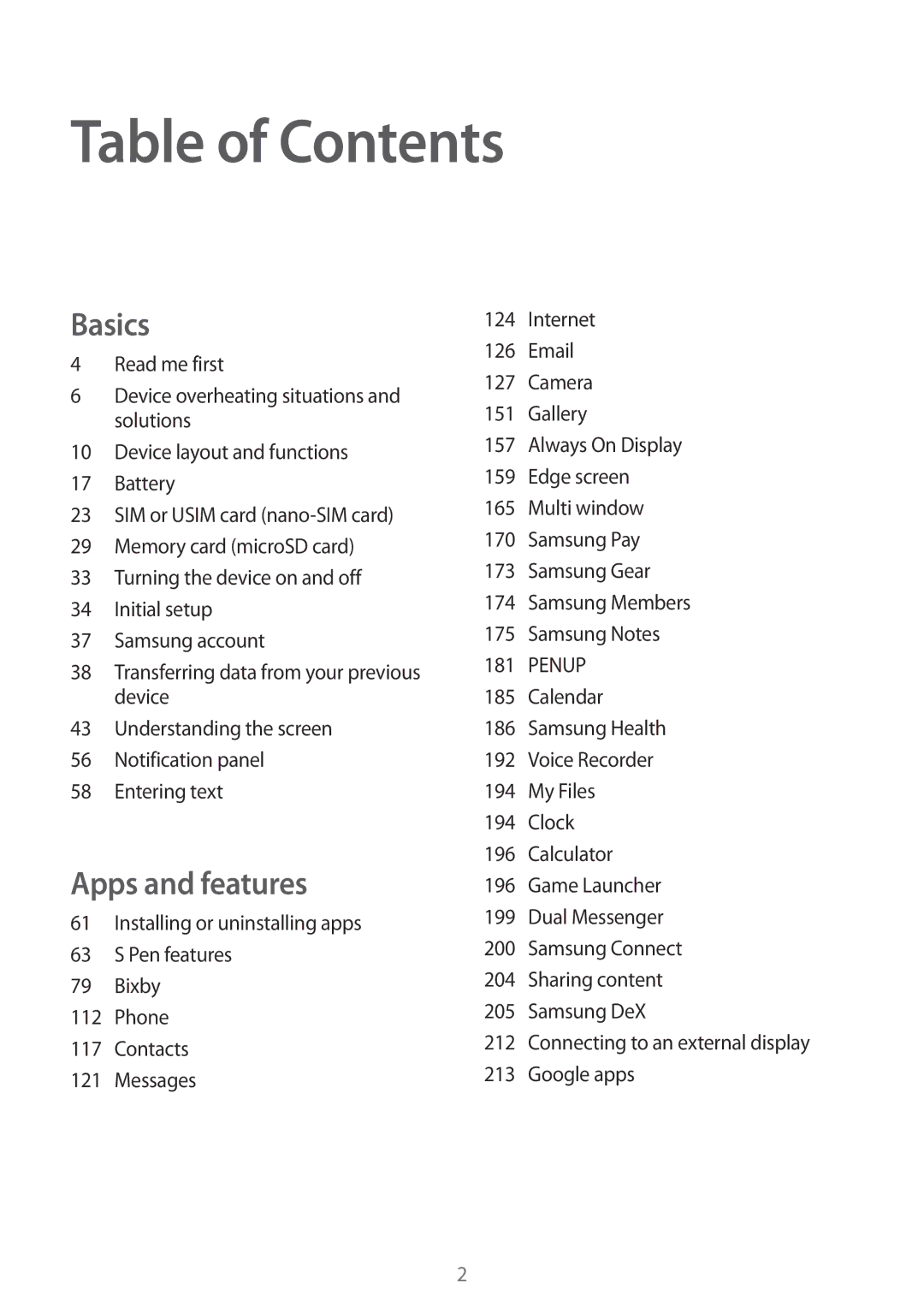 Samsung SM-N950FZBDDBT, SM-N950FZDADBT, SM-N950FZKADBT, SM-N950FZDDDBT, SM-N950FZKDDBT, SM-N950FZBADBT manual Table of Contents 