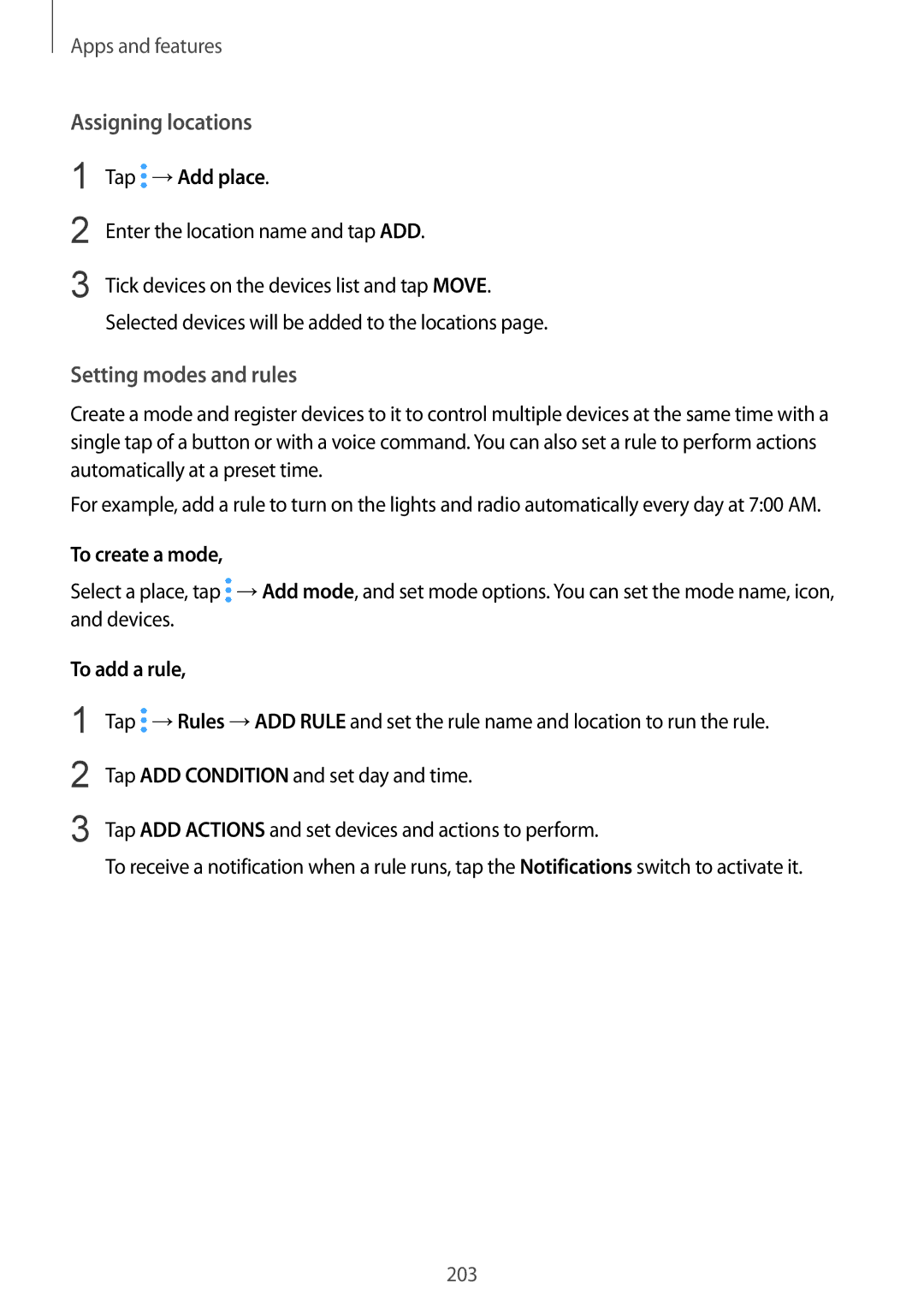 Samsung SM-N950FZKAPCL manual Assigning locations, Setting modes and rules, Tap →Add place, To create a mode, To add a rule 