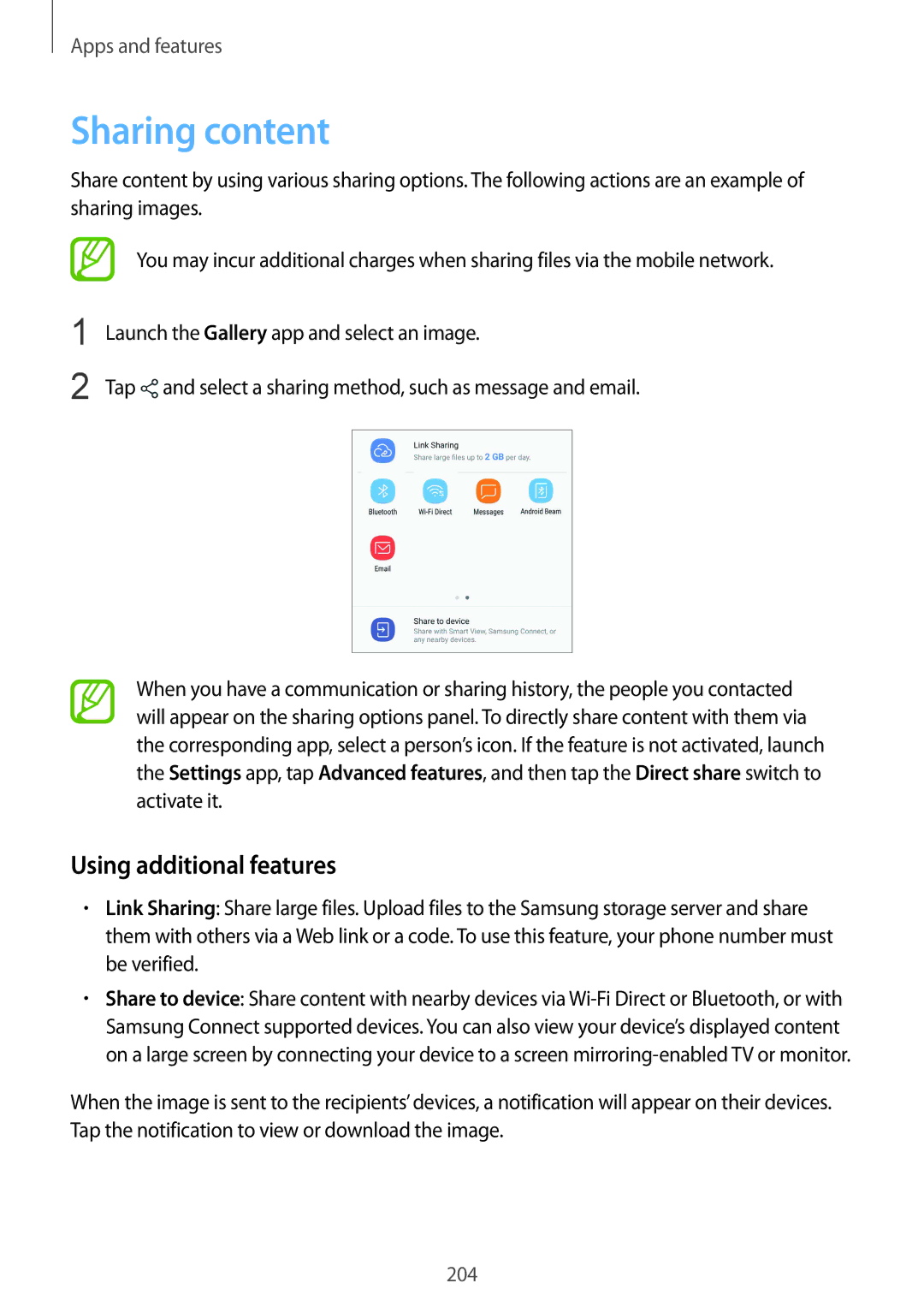 Samsung SM-N950FZVAILO, SM-N950FZDADBT, SM-N950FZKADBT, SM-N950FZBDDBT manual Sharing content, Using additional features 