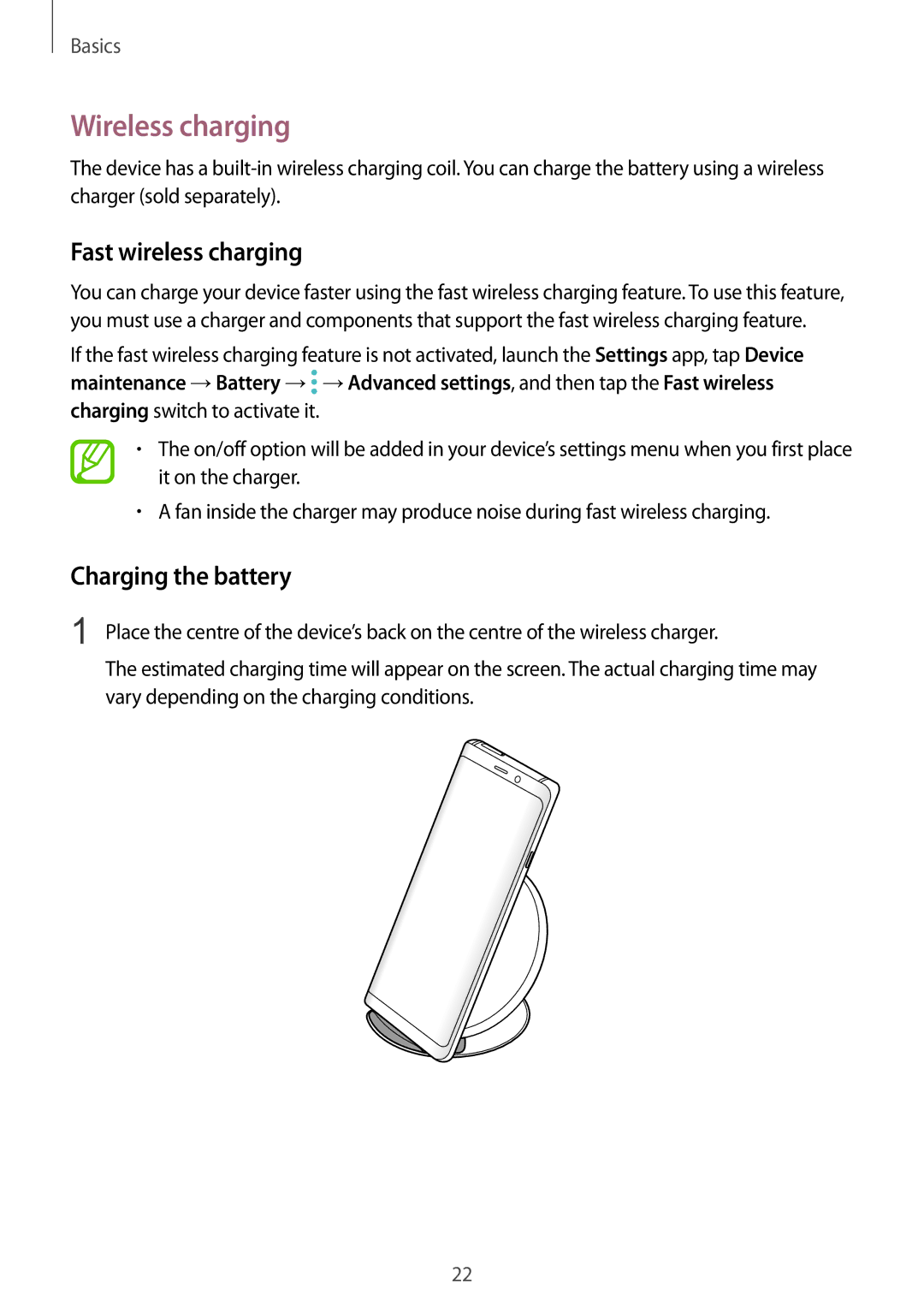 Samsung SM-N950FZDDITV, SM-N950FZDADBT, SM-N950FZKADBT manual Wireless charging, Fast wireless charging, Charging the battery 