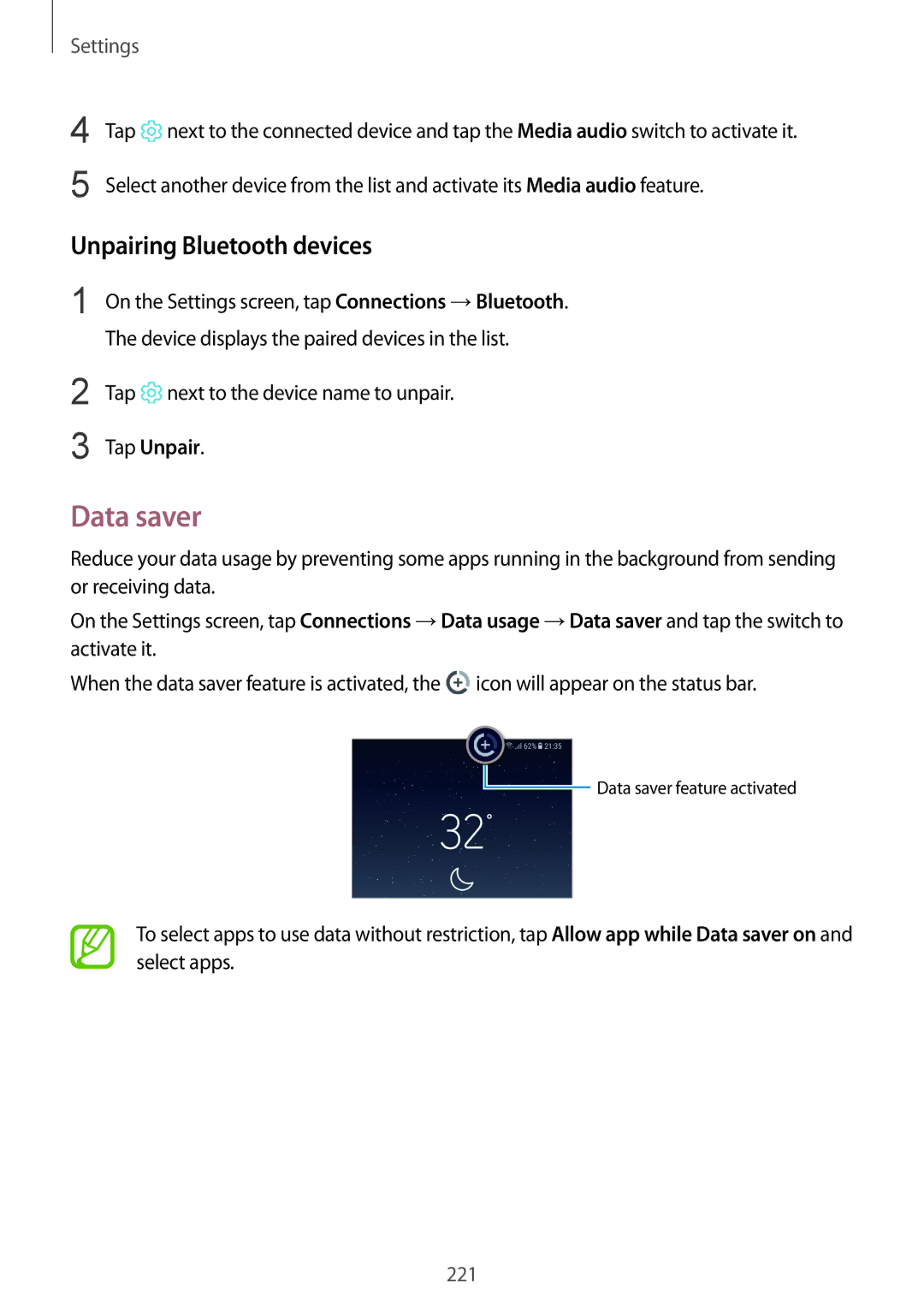 Samsung SM-N950FZKAXEF manual Data saver, Unpairing Bluetooth devices, Tap next to the device name to unpair, Tap Unpair 