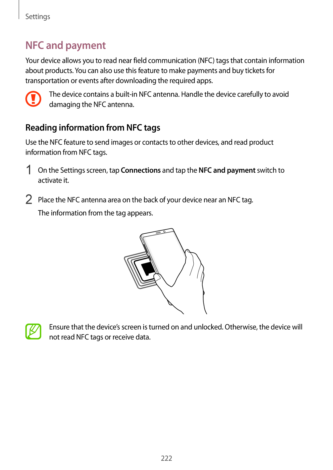 Samsung SM-N950FZKDXEF, SM-N950FZDADBT, SM-N950FZKADBT, SM-N950FZBDDBT NFC and payment, Reading information from NFC tags 