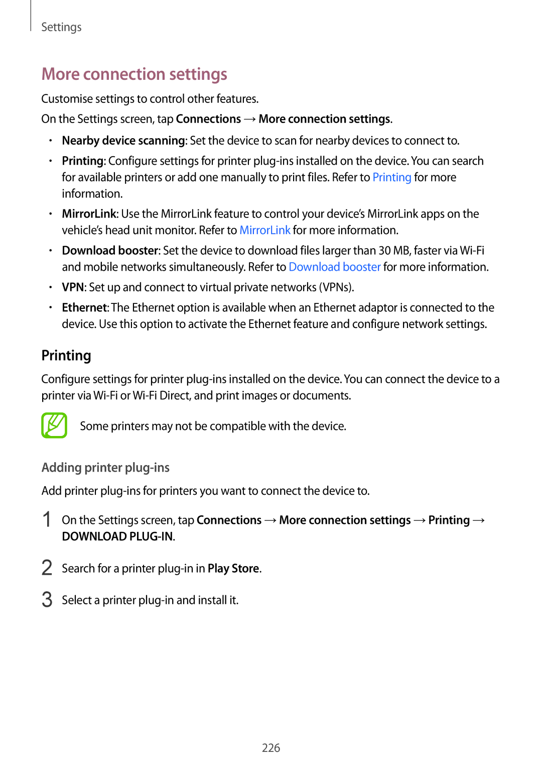 Samsung SM-N950FZKAHUI, SM-N950FZDADBT, SM-N950FZKADBT manual More connection settings, Printing, Adding printer plug-ins 