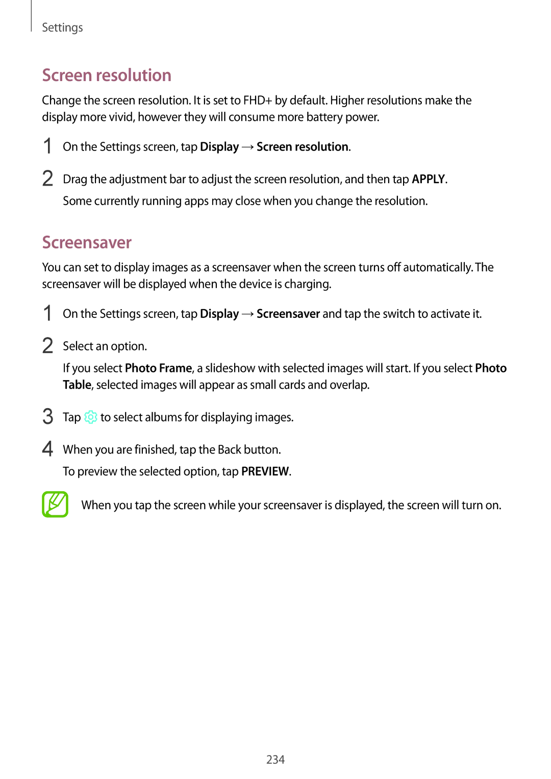 Samsung SM-N950FZKAOMN manual Screensaver, On the Settings screen, tap Display →Screen resolution, Select an option 