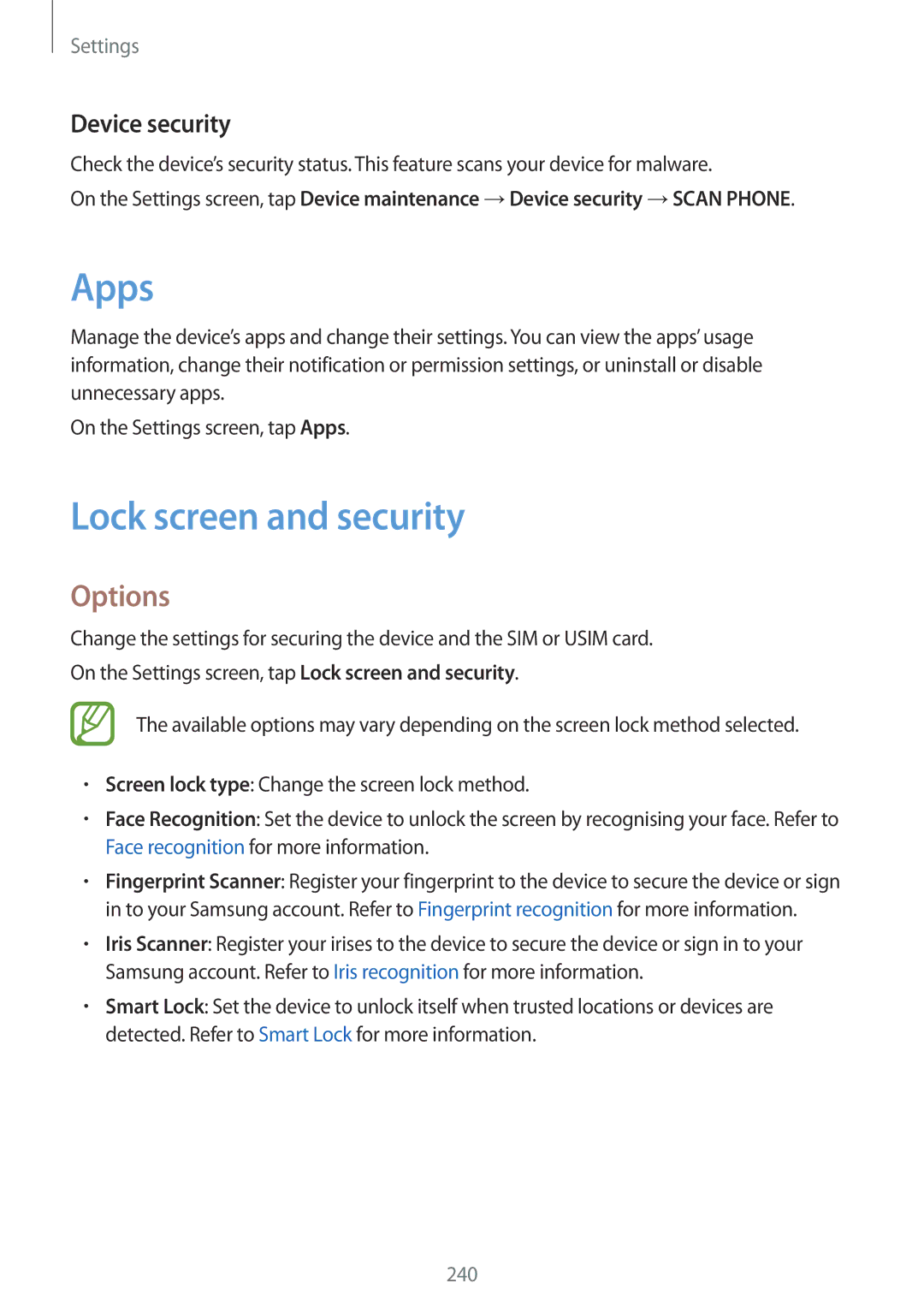 Samsung SM-N950FZDAPHE, SM-N950FZDADBT, SM-N950FZKADBT, SM-N950FZBDDBT manual Apps, Lock screen and security, Device security 