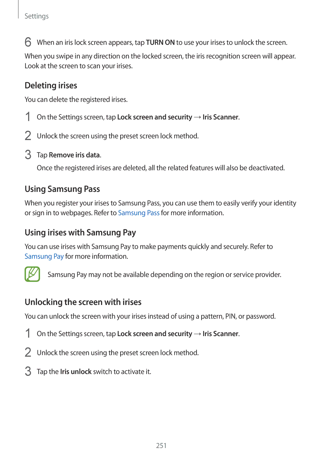 Samsung SM-N950FZDASEE, SM-N950FZDADBT Deleting irises, Using irises with Samsung Pay, Unlocking the screen with irises 