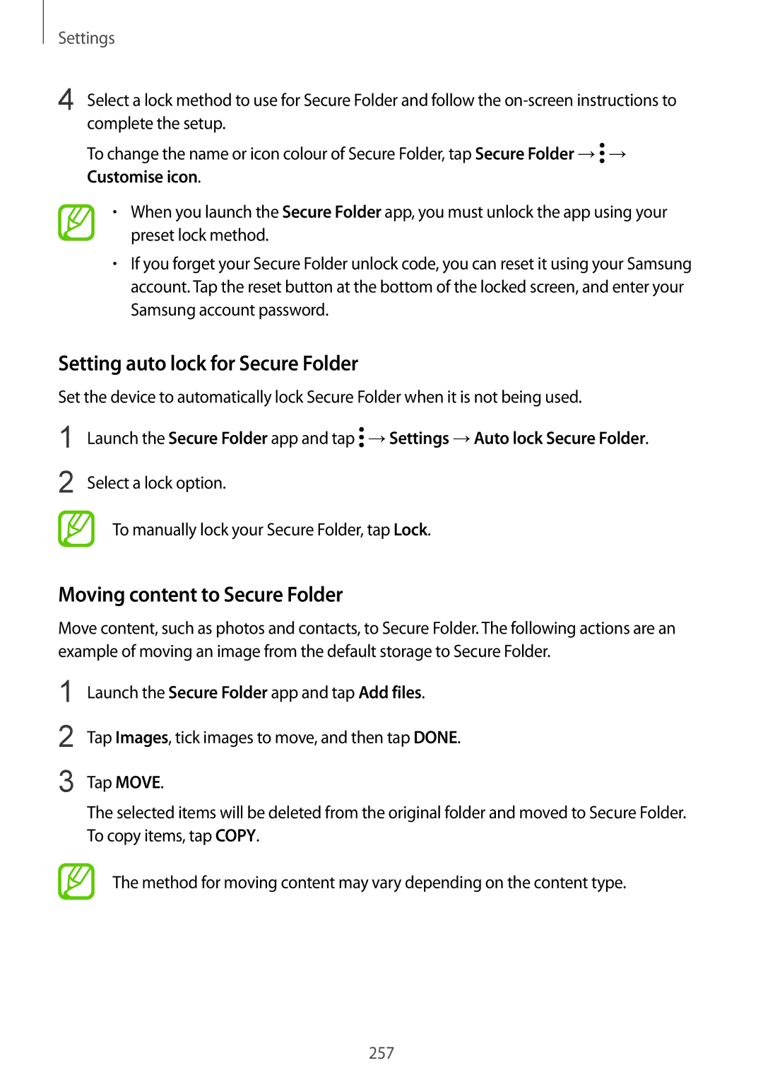 Samsung SM-N950FZDATEN, SM-N950FZDADBT, SM-N950FZKADBT Setting auto lock for Secure Folder, Moving content to Secure Folder 