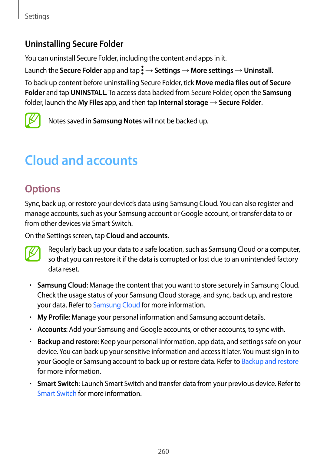 Samsung SM-N950FZKDNEE, SM-N950FZDADBT, SM-N950FZKADBT, SM-N950FZBDDBT manual Cloud and accounts, Uninstalling Secure Folder 