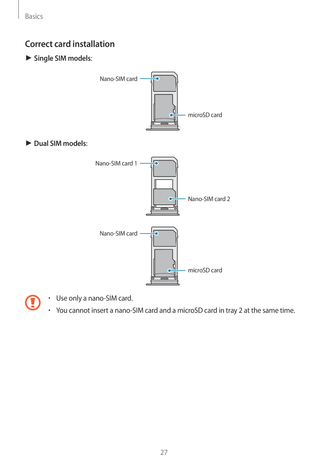 Samsung SM-N950FZDAPHE, SM-N950FZDADBT, SM-N950FZKADBT, SM-N950FZBDDBT Correct card installation, Use only a nano-SIM card 