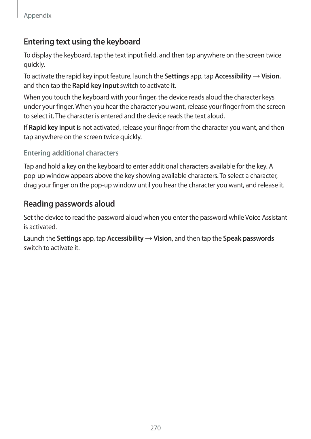 Samsung SM-N950FZKACYV manual Entering text using the keyboard, Reading passwords aloud, Entering additional characters 