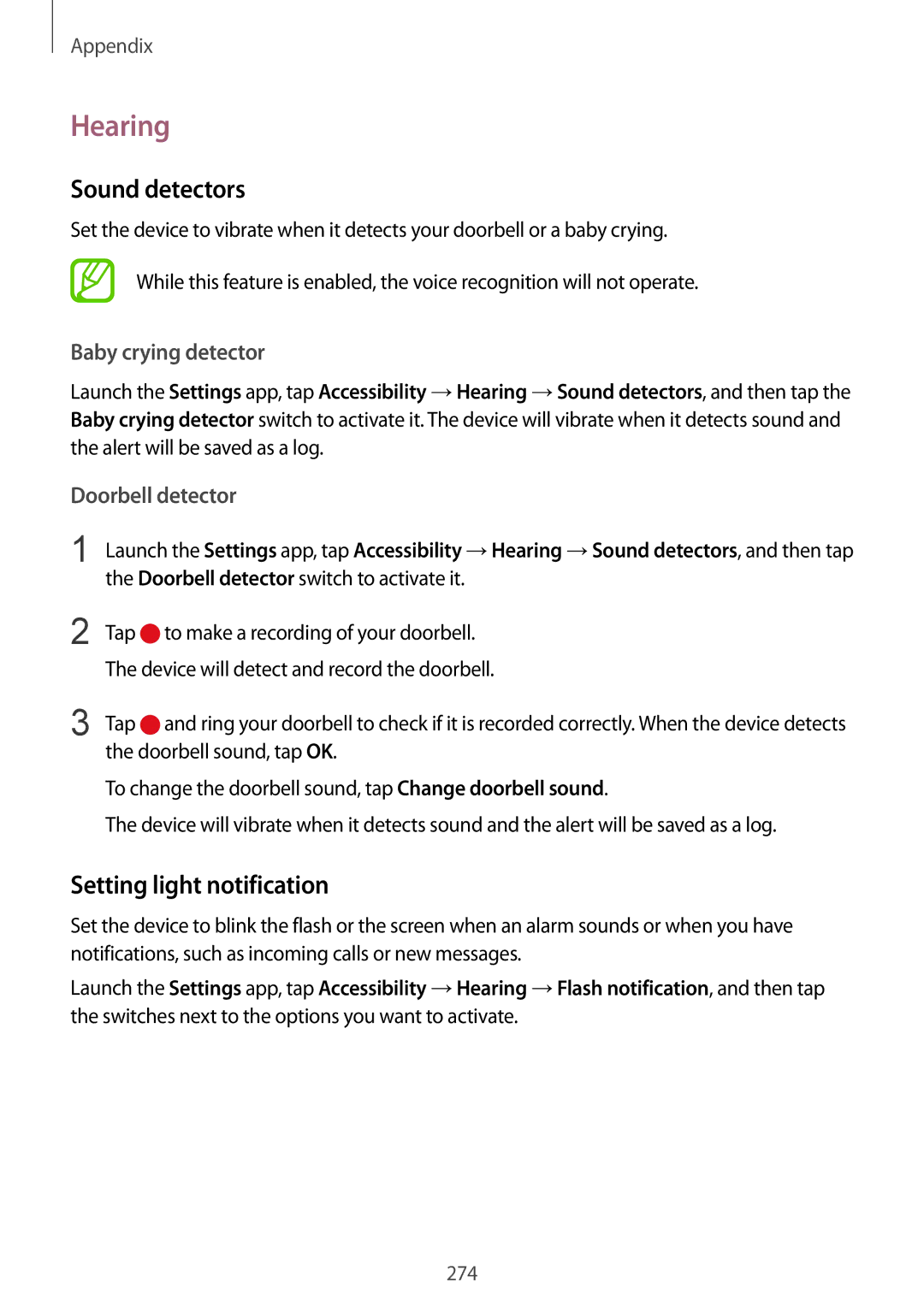 Samsung SM-N950FZKAPCL manual Hearing, Sound detectors, Setting light notification, Baby crying detector, Doorbell detector 