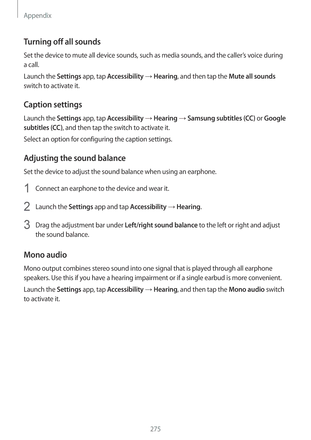 Samsung SM-N950FZVAILO, SM-N950FZDADBT Turning off all sounds, Caption settings, Adjusting the sound balance, Mono audio 