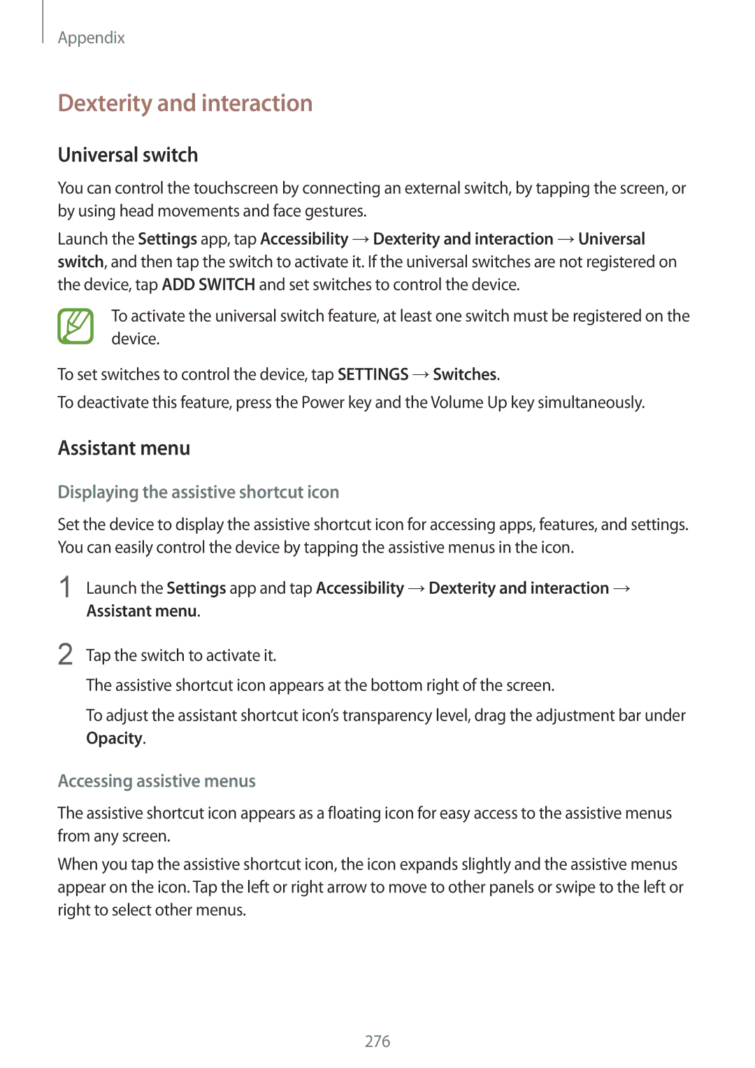 Samsung SM-N950FZDAILO Dexterity and interaction, Universal switch, Assistant menu, Displaying the assistive shortcut icon 