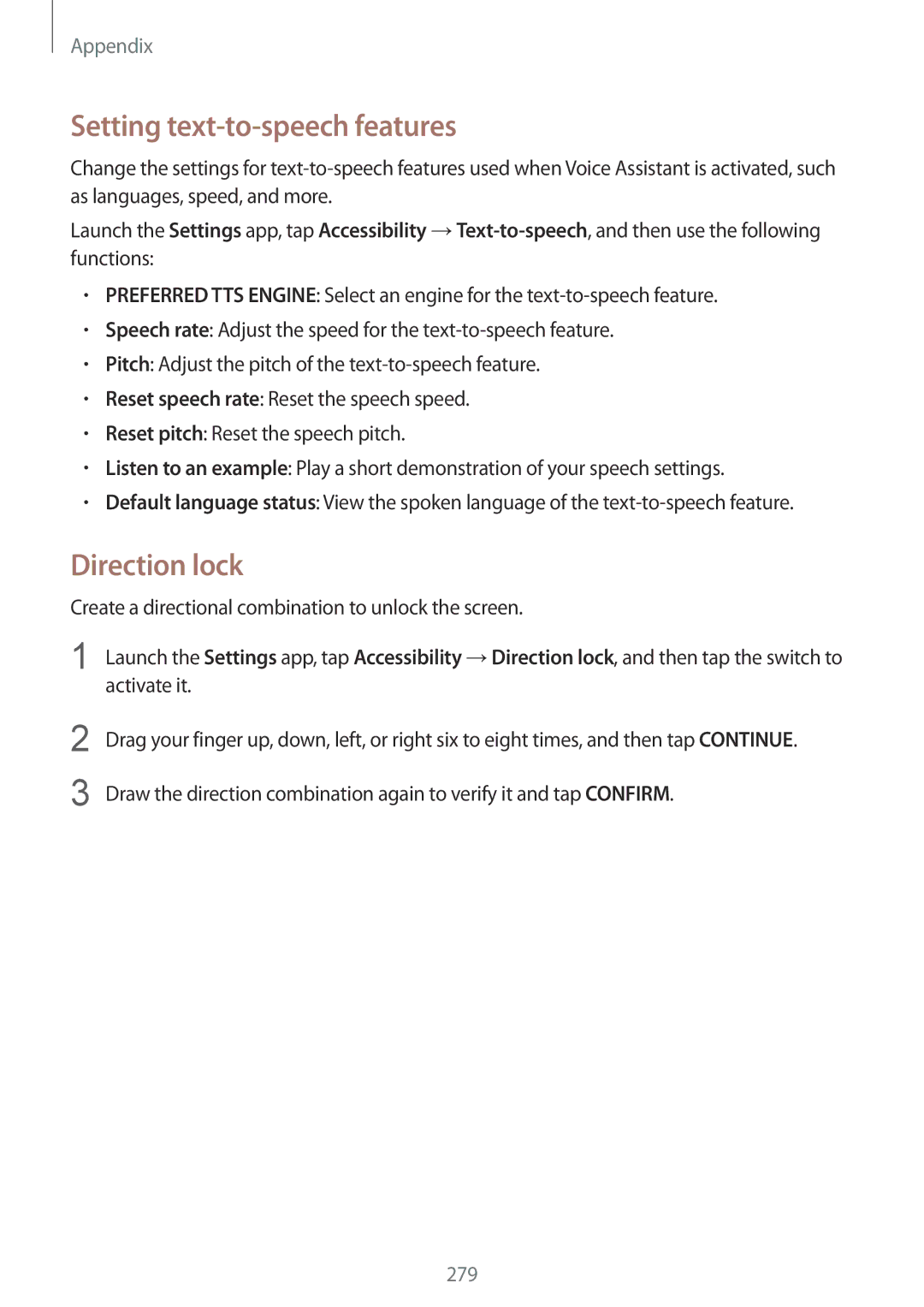 Samsung SM-N950FZKATMH, SM-N950FZDADBT, SM-N950FZKADBT, SM-N950FZBDDBT manual Setting text-to-speech features, Direction lock 