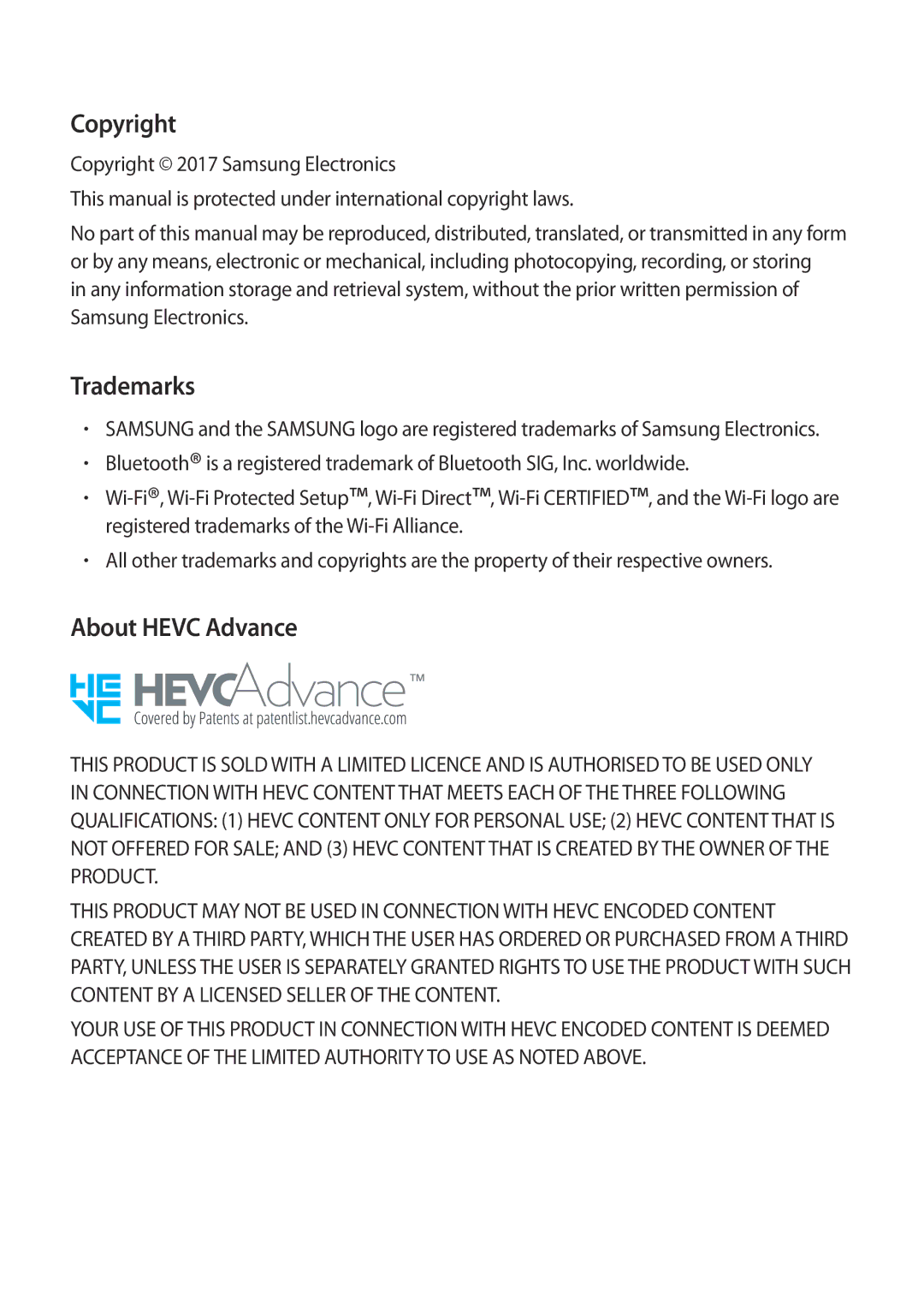 Samsung SM-N950FZBADBT, SM-N950FZDADBT, SM-N950FZKADBT, SM-N950FZBDDBT manual Copyright, Trademarks, About Hevc Advance 