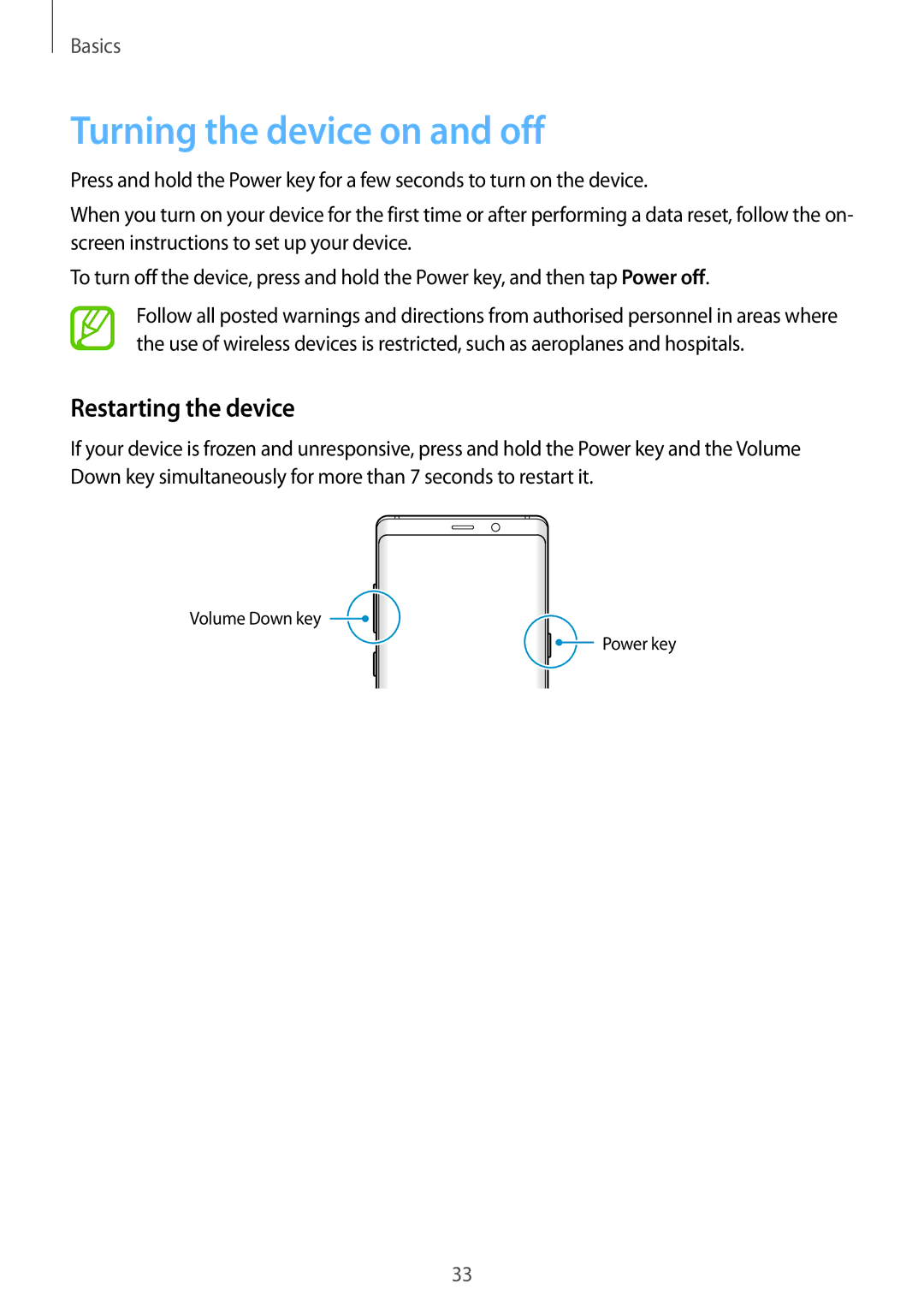 Samsung SM-N950FZKDXXV, SM-N950FZDADBT, SM-N950FZKADBT, SM-N950FZBDDBT Turning the device on and off, Restarting the device 