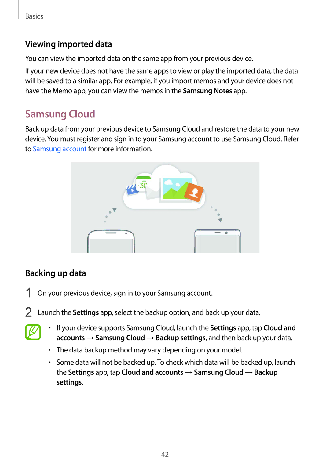 Samsung SM-N950FZDDETL, SM-N950FZDADBT, SM-N950FZKADBT, SM-N950FZBDDBT Samsung Cloud, Viewing imported data, Backing up data 