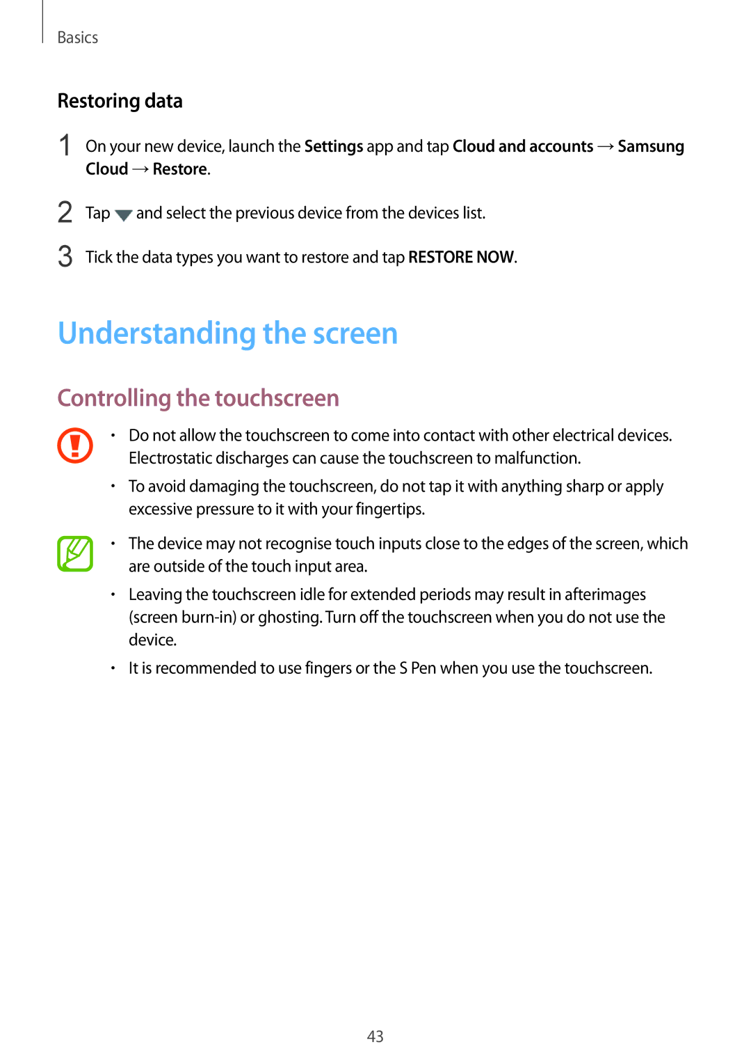 Samsung SM-N950FZKDETL, SM-N950FZDADBT manual Understanding the screen, Controlling the touchscreen, Restoring data 