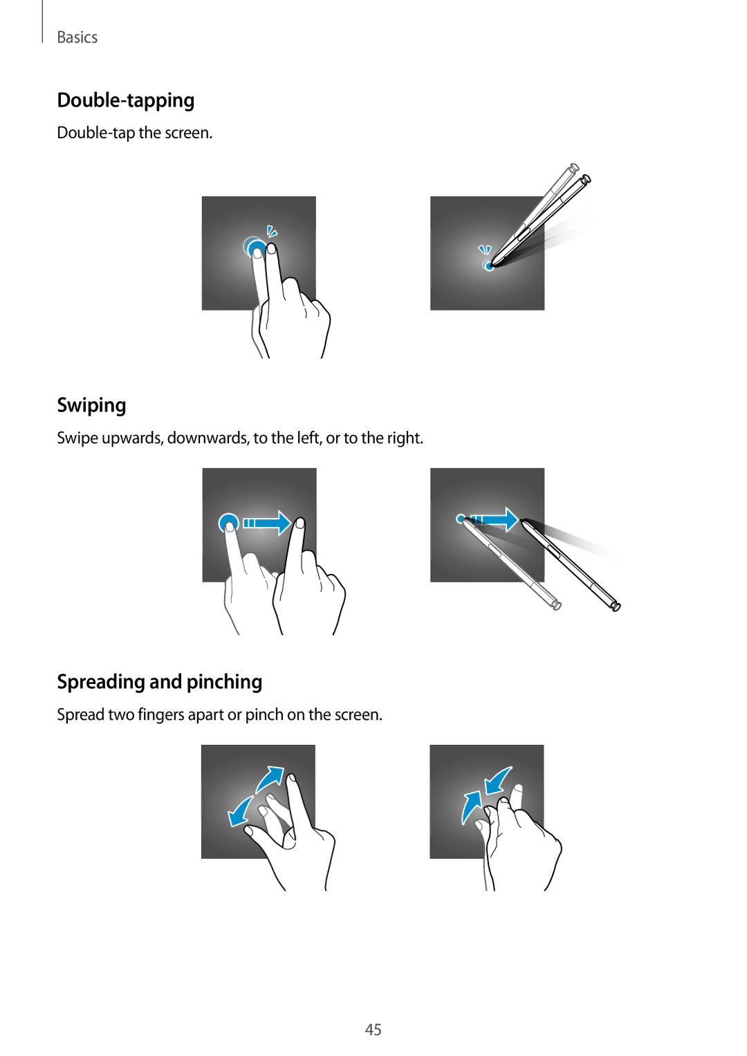 Samsung CG-N950FZDSHTD, SM-N950FZDADBT, SM-N950FZKADBT, SM-N950FZBDDBT manual Double-tapping, Swiping, Spreading and pinching 