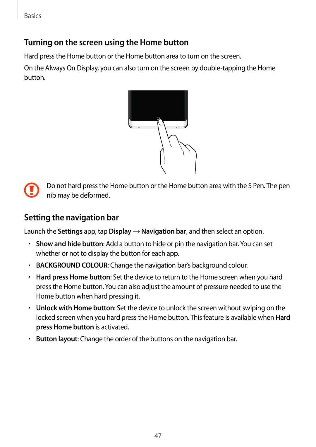 Samsung SM-N950FZKDNEE, SM-N950FZDADBT manual Turning on the screen using the Home button, Setting the navigation bar 