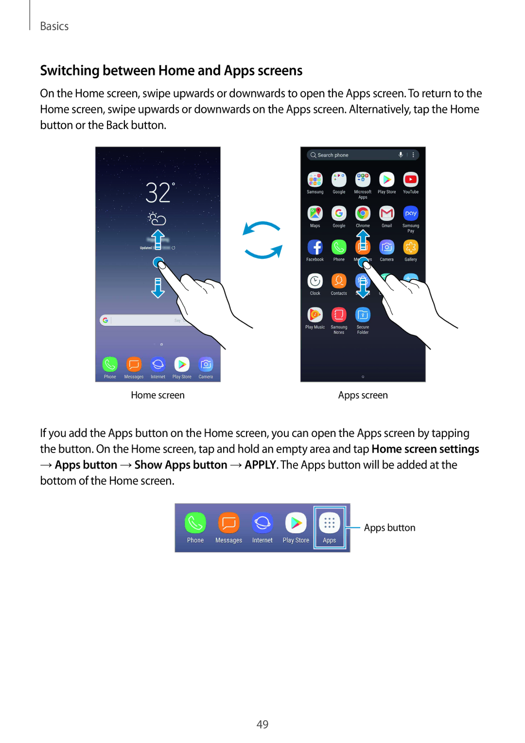 Samsung SM-N950FZDAHTS, SM-N950FZDADBT, SM-N950FZKADBT, SM-N950FZBDDBT manual Switching between Home and Apps screens 