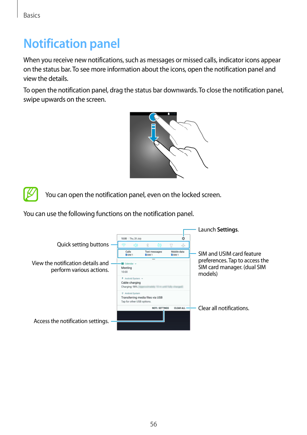 Samsung SM-N950FZKAVGR, SM-N950FZDADBT, SM-N950FZKADBT Notification panel, Access the notification settings Launch Settings 