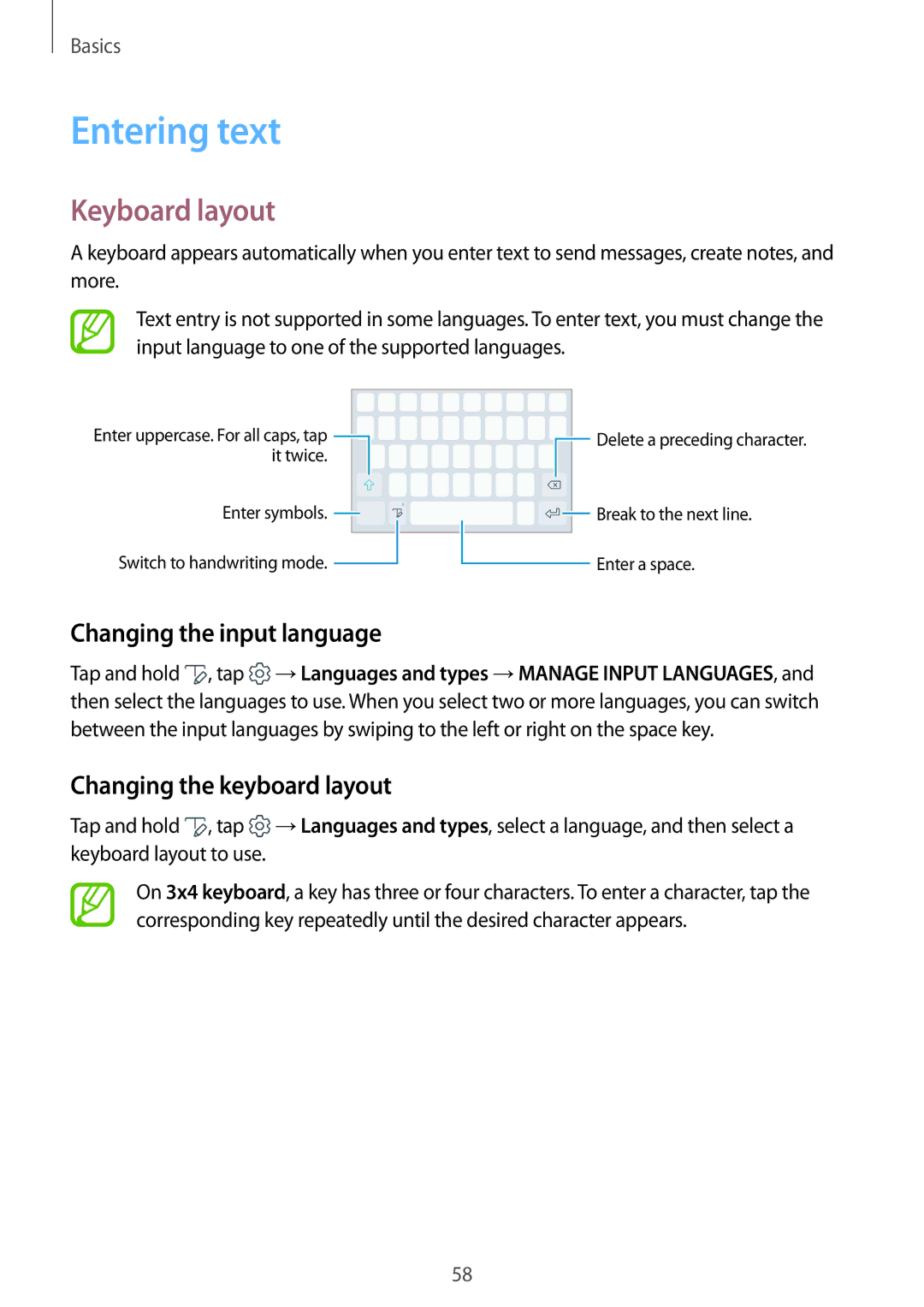 Samsung SM-N950FZDACOS manual Entering text, Keyboard layout, Changing the input language, Changing the keyboard layout 