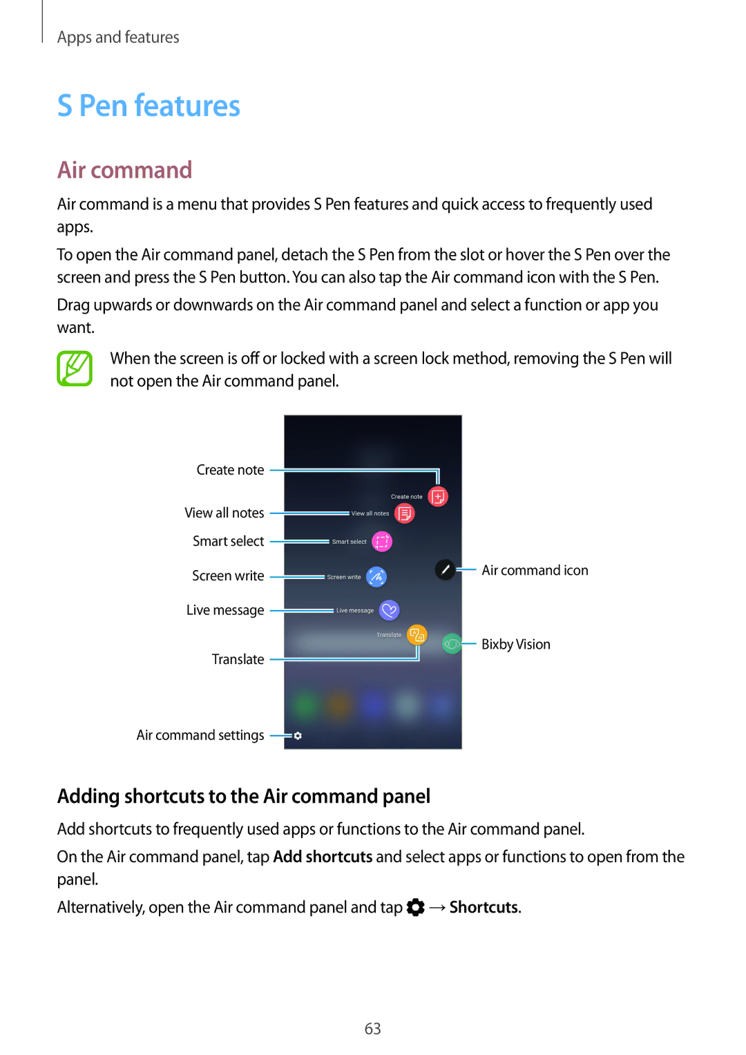 Samsung SM-N950FZDAILO, SM-N950FZDADBT, SM-N950FZKADBT manual Pen features, Adding shortcuts to the Air command panel 