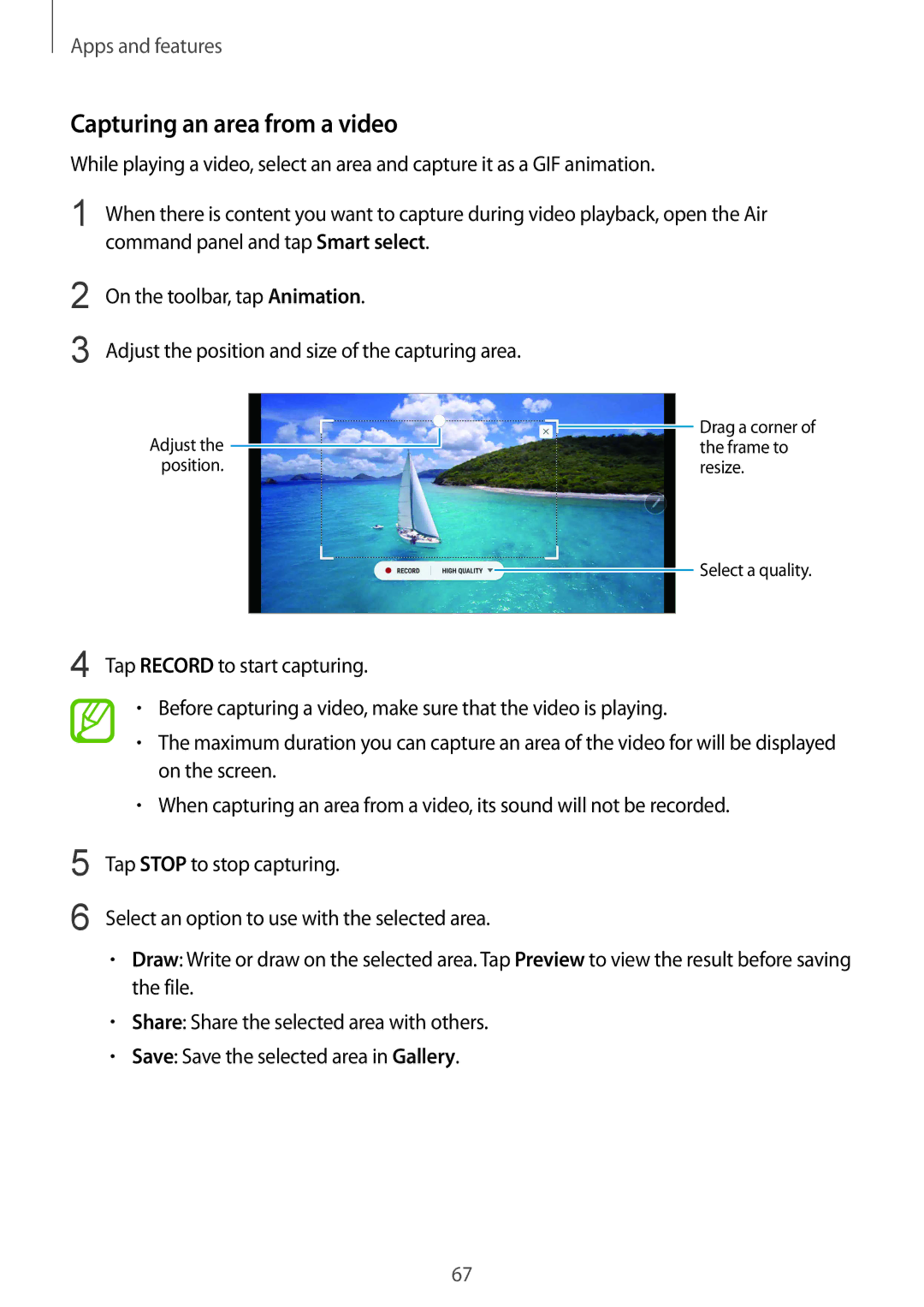 Samsung SM-N950FZDDXEH, SM-N950FZDADBT, SM-N950FZKADBT, SM-N950FZBDDBT, SM-N950FZDDDBT manual Capturing an area from a video 